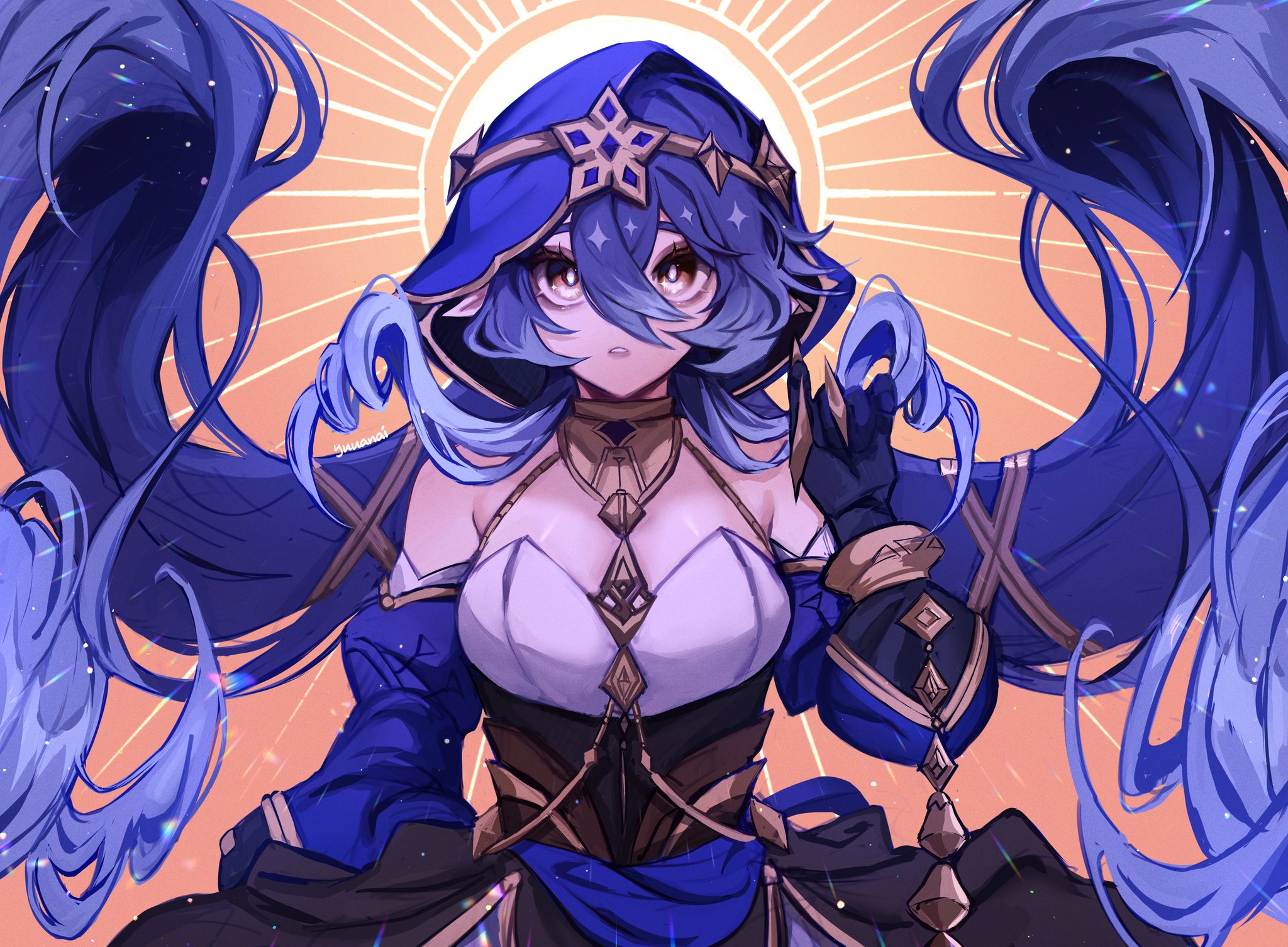 a digital art illustration of an anime girl with long blue hair and yellow eyes. she is wearing a blue hooded robe with golden stars and jewelry. the background is a bright orange color with golden lines and a sunlike shape. the image is a portrait of the girl, with her looking to the side.