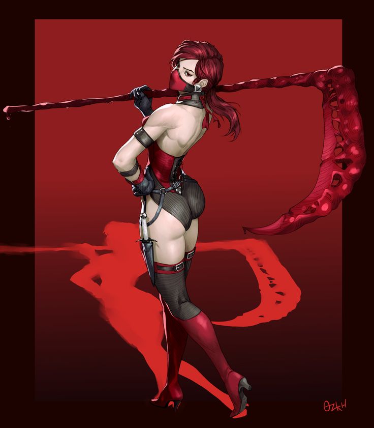 a drawing of a woman in a red and black outfit holding a weapon, the woman has a red mask on her face. she's standing in a pose.  there is a red background and the woman is in the foreground of the image.