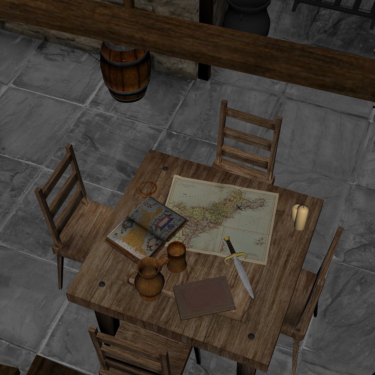 a topdown shot depicts a scene within a room, possibly a tavern or study. a wooden table occupies the center of the frame, surrounded by four chairs. atop the table, several items are arranged: a map, an open book, a pitcher, a cup, a closed journal, a dagger, and two candles. in the background, a barrel is visible near the wall, adding to the atmosphere of the room. the floor appears to be tiled with stone or similar material.