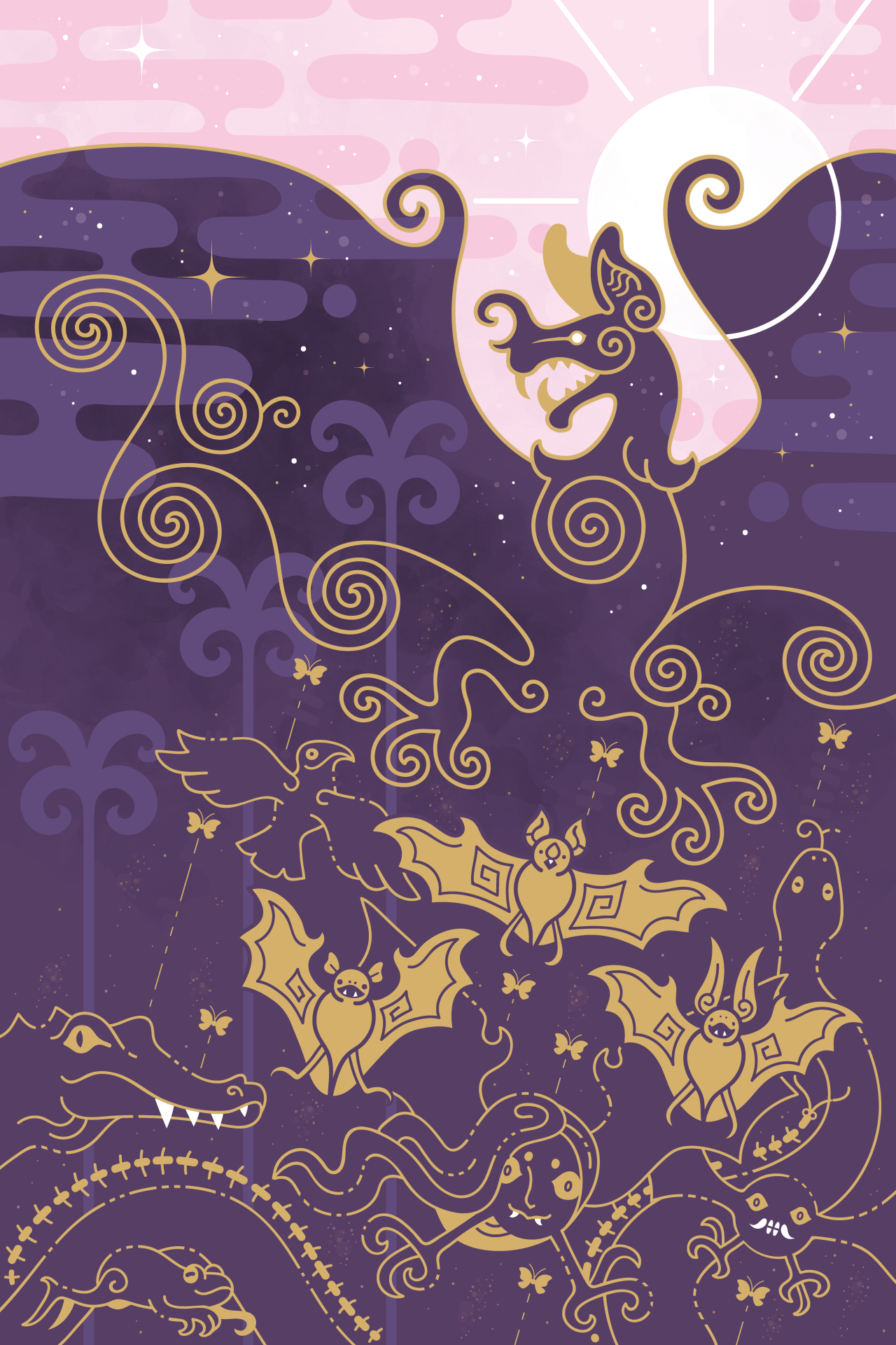 the illustration is a richly detailed fantasy scene set against a purple night sky. a large, stylized dragon, rendered in gold, dominates the upper half, its wings forming swirling patterns that extend throughout the image.  the lower portion features various nocturnal creatures including bats, crocodiles, a snake, and a bird, all depicted in a similar gold lineart style against the purple background. the style is ornate and decorative, with repeating swirls and patterns creating a cohesive aesthetic. a pink sky is visible at the top, suggesting a sunrise or sunset. butterflies are scattered amongst the animals, adding to the magical atmosphere. the overall style suggests influences from folklore and mythology. the colors are predominantly deep purple and gold, creating a luxurious and somewhat mystical feel.