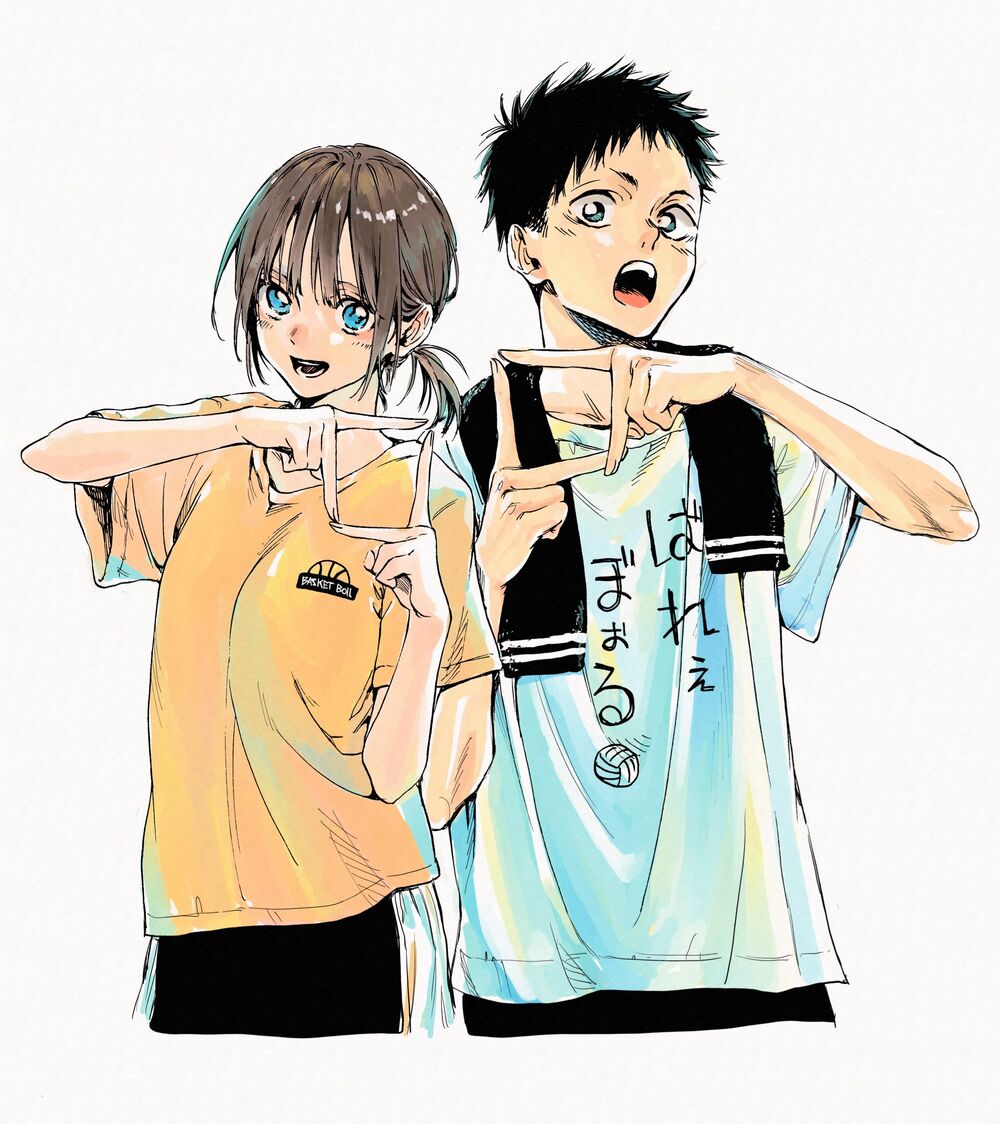 he image shows an animestyle illustration of a young girl and boy. they are standing close together, making a frame with their hands around their faces. the girl is wearing an orange tshirt with a basketball logo, while the boy wears a light blue tshirt with japanese writing. their expressions are happy and cheerful. the art style is loose and expressive, with visible brush strokes and water color effects. the background is plain white, drawing focus to the figures.
