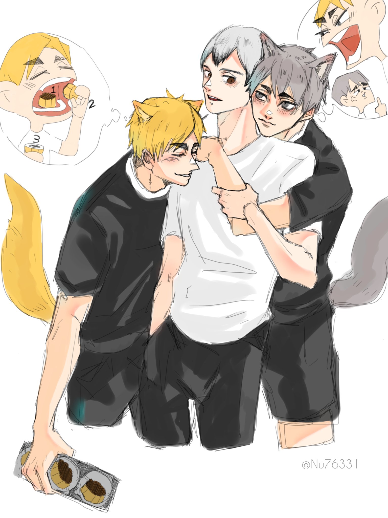 this is a cute anime drawing of three boys, all of them are hugging each other with happy expressions. one of them is wearing a white tshirt and holding a bag of snacks, while the other two have their arms wrapped around him. the boy in the white tshirt has cat ears drawn on his head, the boy on the left also has cat ears and the boy on the right has cat ears and a tail. all three of them appear to be enjoying their time together.