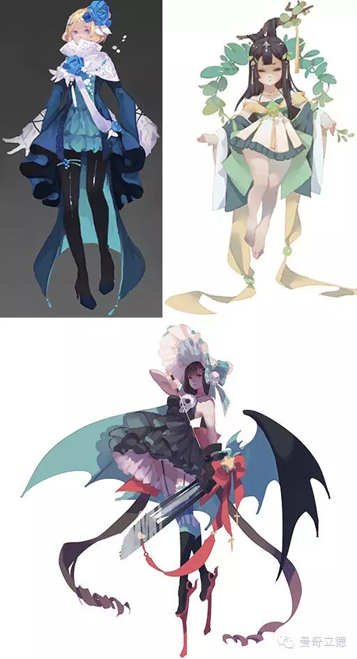the image showcases three distinct female character designs, likely inspired by anime or manga styles. the first character, on the left, sports a gothic lolitainspired outfit with a predominantly blue color scheme, accented with black and white. she wears a large blue rose on her head. the second character, positioned above the third, embodies a more ethereal and natureinspired theme. her outfit features flowing lines, light green and yellow hues, and leaf motifs. she stands barefoot, and a branch adorned with leaves extends from her head.the final character, at the bottom, presents a striking contrast with demonic wings, a chainsaw, and a more aggressive, punkinspired aesthetic. her outfit combines black, pink, and white, and she wears a large black and red bow on her head. her expression is confident and slightly mischievous.