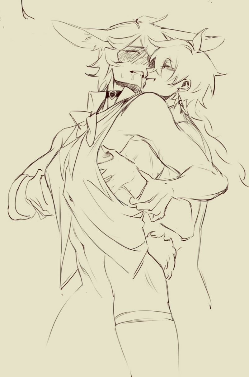 a sketch of two characters, a wolflike person and a human, embracing each other. the wolf is on the left side of the image and has a face with a blush, the person is embracing the wolf and is about to kiss the wolf, and the wolf has a blushing look on their face as well.