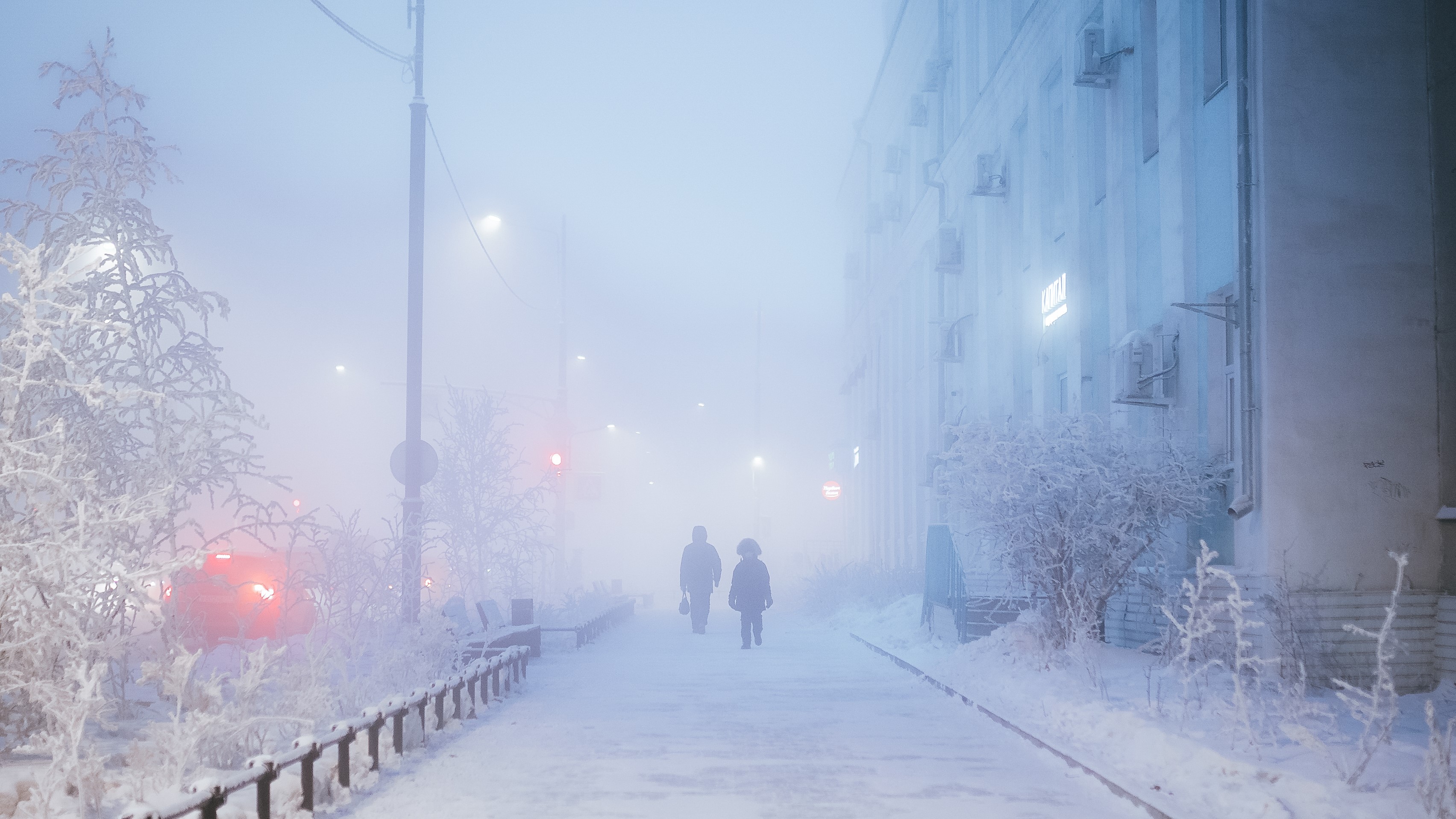 two figures walk down a snowcovered city street shrouded in thick fog. the street is lined with buildings on one side, and the far side is mostly obscured by the fog, as are the trees lining the sidewalk. the snow covers every surface and the trees are thick with frost.