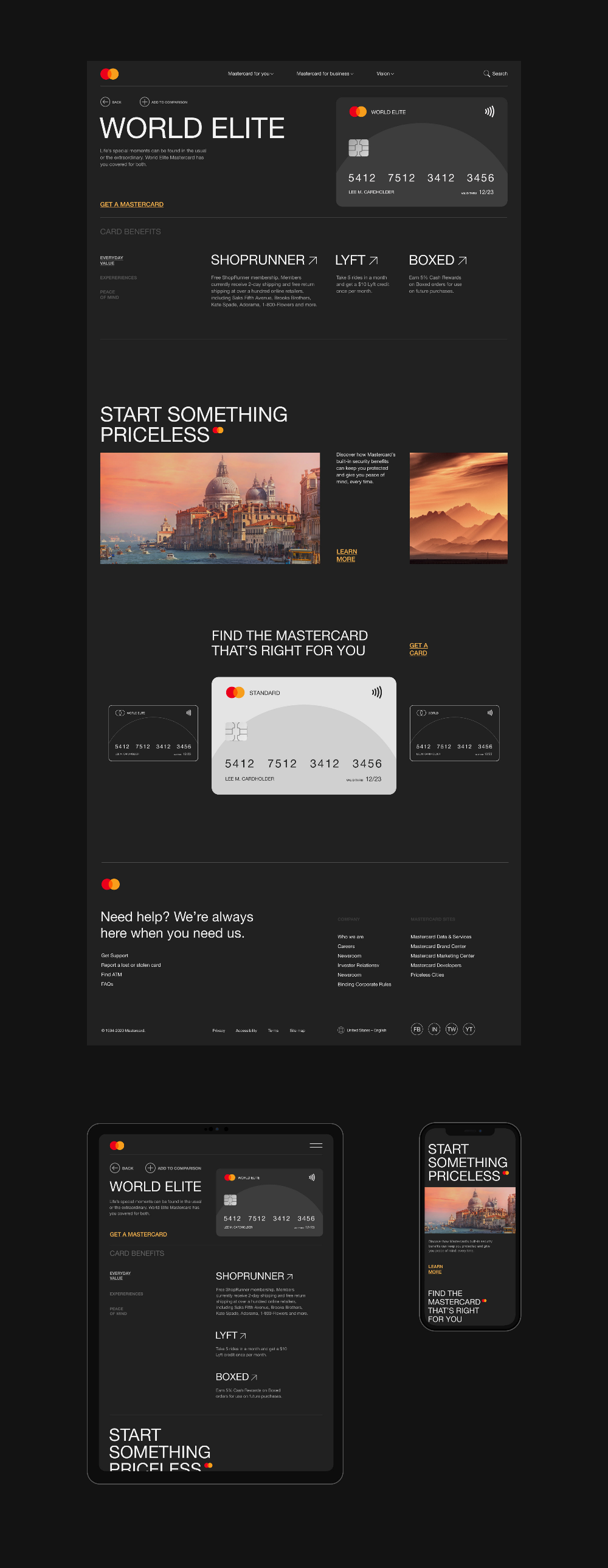 the image showcases a website design for mastercard's world elite credit card, highlighting its benefits and features. the design uses dark colors and bold typography to create a modern and sleek look. the website includes images of travel and luxury experiences, emphasizing the card's benefits and its ability to enhance travel experiences.  the call to action "start something priceless" encourages users to take advantage of the card's benefits to achieve their travel dreams. the website's design successfully conveys the card's premium status and the value it offers to its holders.