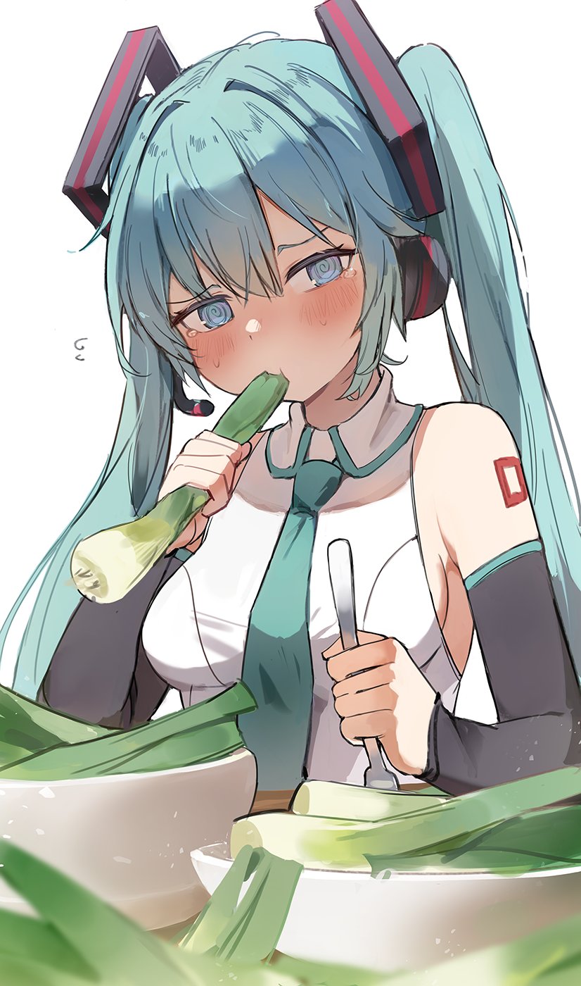 the image shows hatsune miku, a popular vocaloid character, in an illustration where she's happily eating a leek. she's wearing her signature teal twintails, headphones, and a white outfit with a teal tie.  she's surrounded by bowls full of leeks, and a fork is in her hand, suggesting she's preparing or eating a leekbased dish.  the overall style is animeesque and cute.  the background is simple, focusing on miku and the leeks.