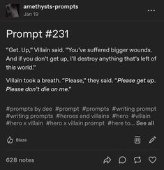 a screenshot of a writing prompt about a villain trying to get a hero to get up and not die on them.