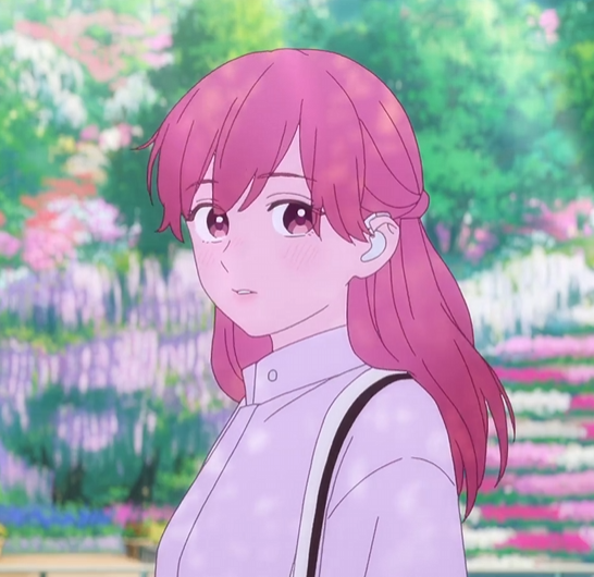 the image is a portrait of a young anime girl with long pink hair, standing in a flower garden.  she is wearing a pink shirt with a white collar and black suspenders. she is facing the viewer and has a slight blush on her cheeks. the background is filled with colorful flowers, including wisteria. the lighting is bright and sunny.