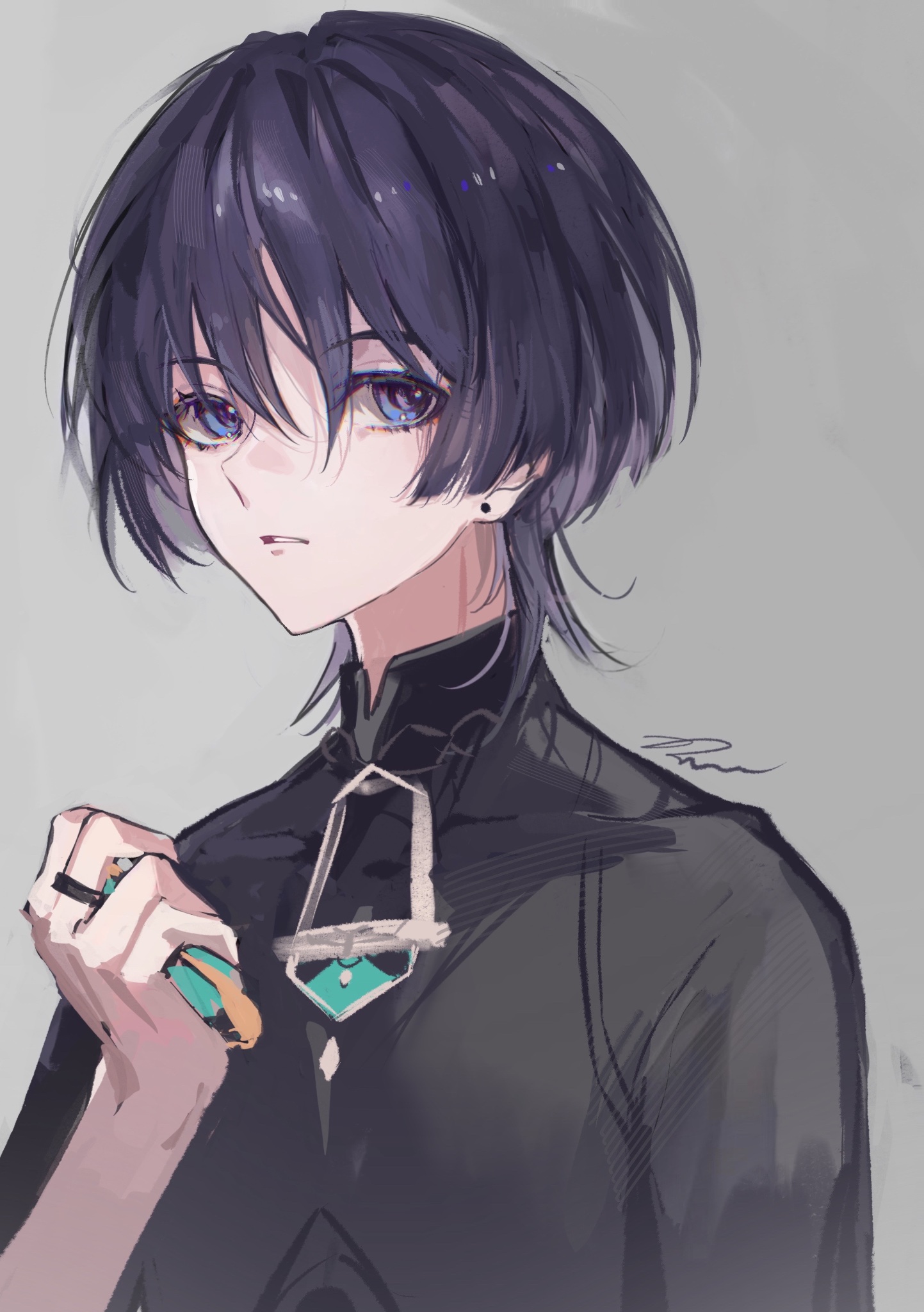 a digital illustration of an anime boy with black hair and blue eyes. he is wearing a black jacket with a teal necklace and has an earring in his left ear. the background is gray. he is looking at the viewer with a serious expression.
