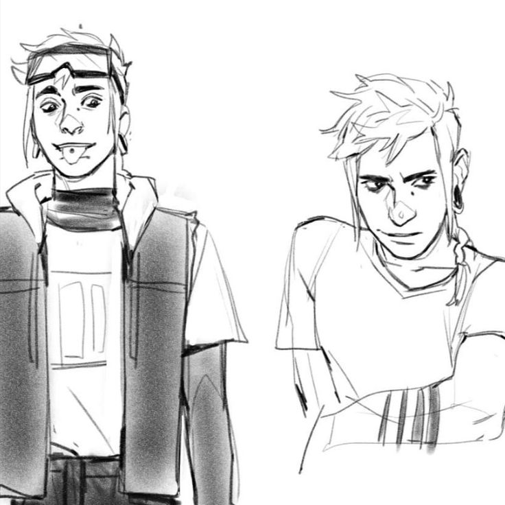 the image contains two sketches of young male characters, seemingly done in a style blending anime and manga aesthetics. both characters are depicted from the chest up, offering a closeup view of their faces and upper bodies. one character is wearing a jacket over a tshirt, has glasses and a tongue piercing, and sports a more playful facial expression. the second character is wearing a simple tshirt, has a more serious expression, and features piercings in his ear.  the sketches are done in grayscale and have a somewhat loose, expressive style, indicating they may be concept art or character designs in progress. the linework is expressive and the shading is minimal, suggesting a quick and loose sketching process.