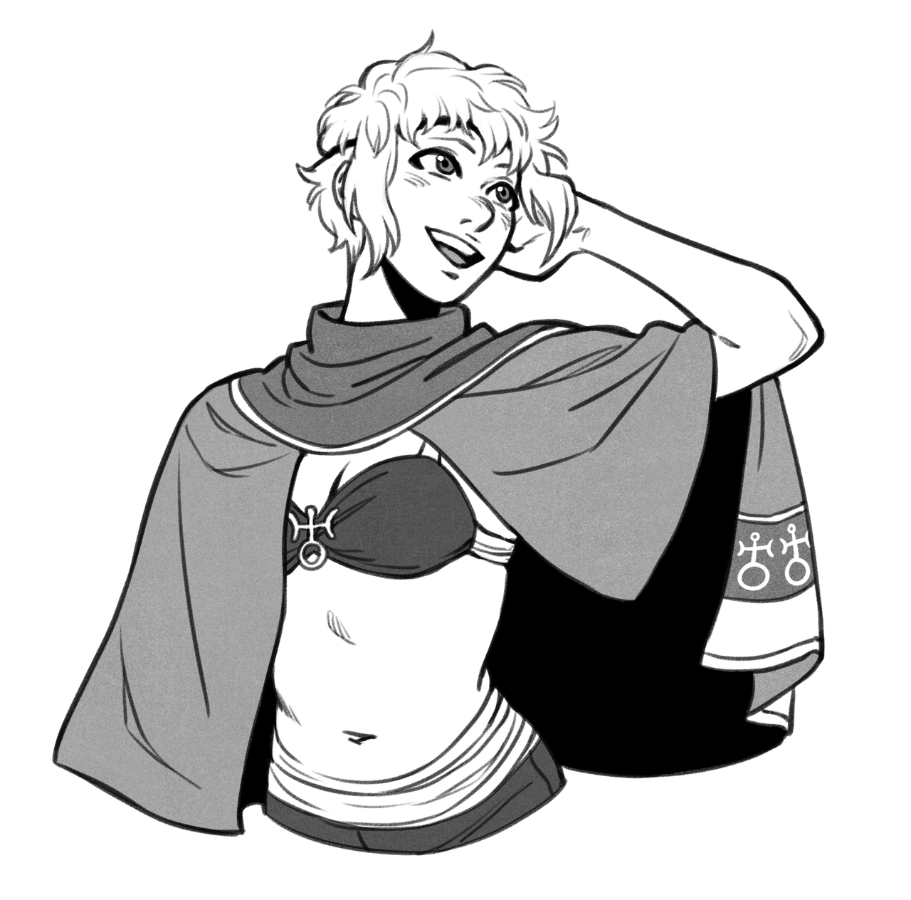 a black and white drawing of a smiling, confident woman with short hair. she is wearing a cape over a bikini top and pants. her outfit has symbols that look like an "h" with a circle on top on each side of her cape.