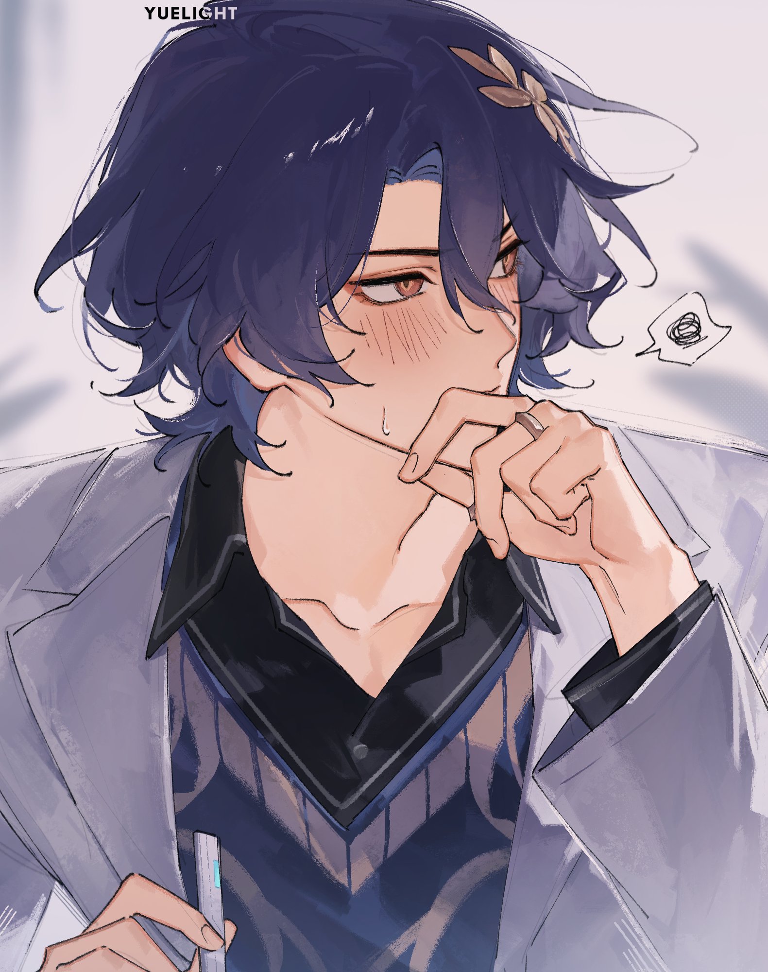 the image is a digital fanart depicting a young animestyle male character. he has long, styled purple hair with a small, decorative ornament in his hair.  he's wearing a light grey coat over a darkcolored vneck sweater vest. his expression is pensive and slightly flustered, indicated by his blush. his hand is gently touching his chin, suggesting contemplation. the background is simple and light, allowing the character to be the focal point. the art style is clean and detailed, characteristic of modern anime and manga illustrations. the artist's signature, "yue light," is visible in the top left corner. the overall aesthetic is elegant and slightly dreamy.