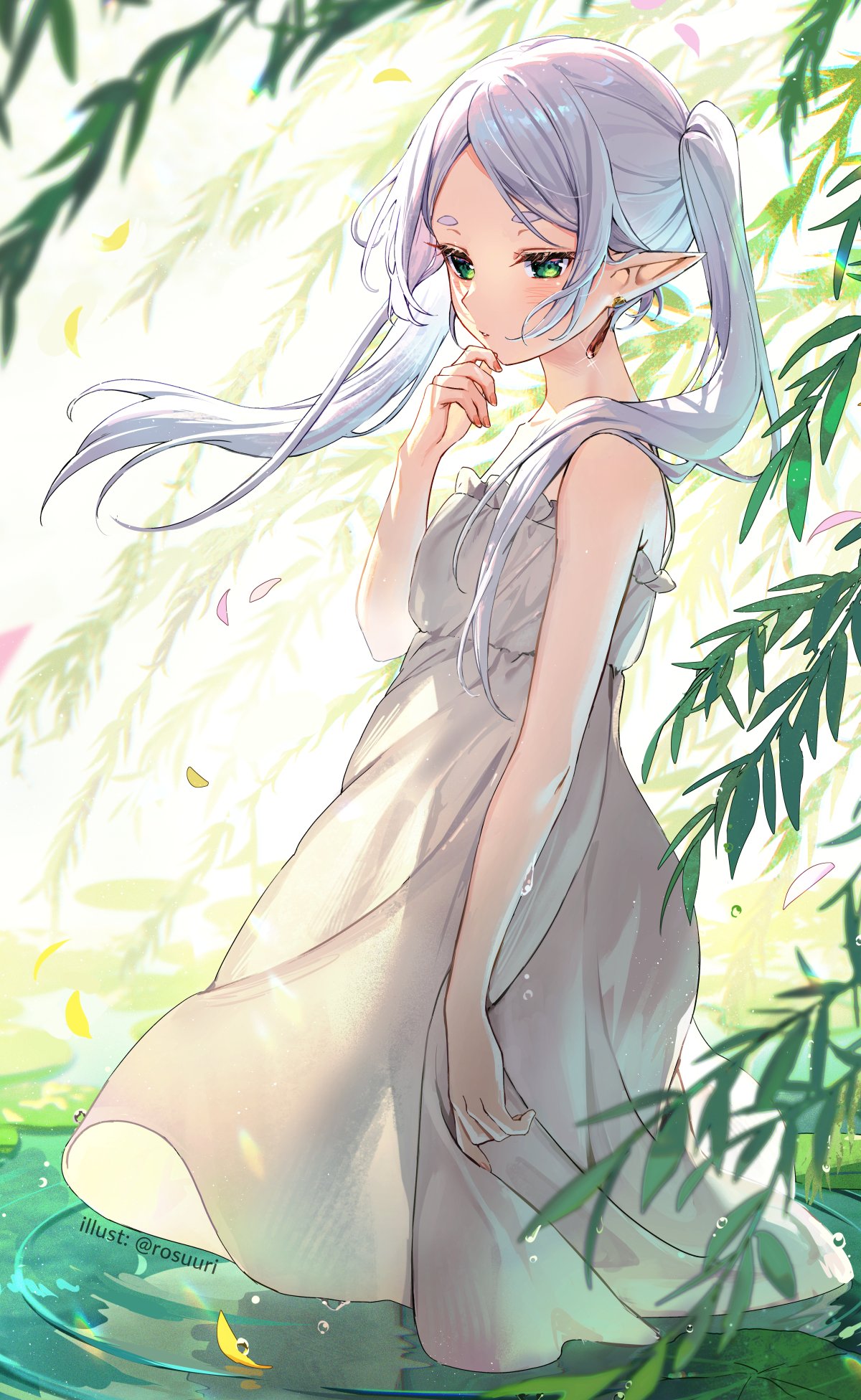 he image is a digital illustration of an animestyle girl with elf ears. she has long, light grey hair styled in low pigtails.  she's wearing a flowing, lightcolored summer dress and is wading in a calm body of water.  the surrounding environment is lush and green, with leaves and petals falling around her. the overall atmosphere is peaceful and serene, creating a beautiful and dreamy scene. the art style is soft and delicate.