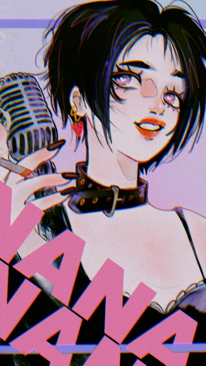 the image is a stylized digital illustration of a young woman with short black hair, styled in a retro fashion reminiscent of the 1980s or 90s. she is holding a vintage microphone and wearing a choker necklace and strawberryshaped earrings.  the overall color palette is pink and purple, with a retroinspired aesthetic.  her expression is confident and slightly playful. the words "vana vana" are prominently displayed in pink lettering across the image. the style is reminiscent of anime or manga, with a focus on bold lines and vibrant colors.