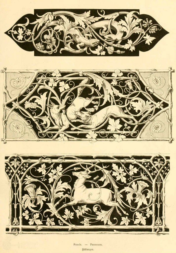 the image shows three panels of decorative artwork, each featuring intricate designs incorporating animals and stylized foliage. the top panel shows a lizardlike creature amidst swirling leaves. the middle panel depicts two foxes intertwined within a framework of vines. the bottom panel showcases a leaping deer surrounded by more elaborate floral designs and a structural border. all three panels share a similar style, reminiscent of art nouveau or gothic design, with a stark contrast between black and white elements. the illustrations are precise, suggesting they may be from an antique book or historical archive of decorative arts.