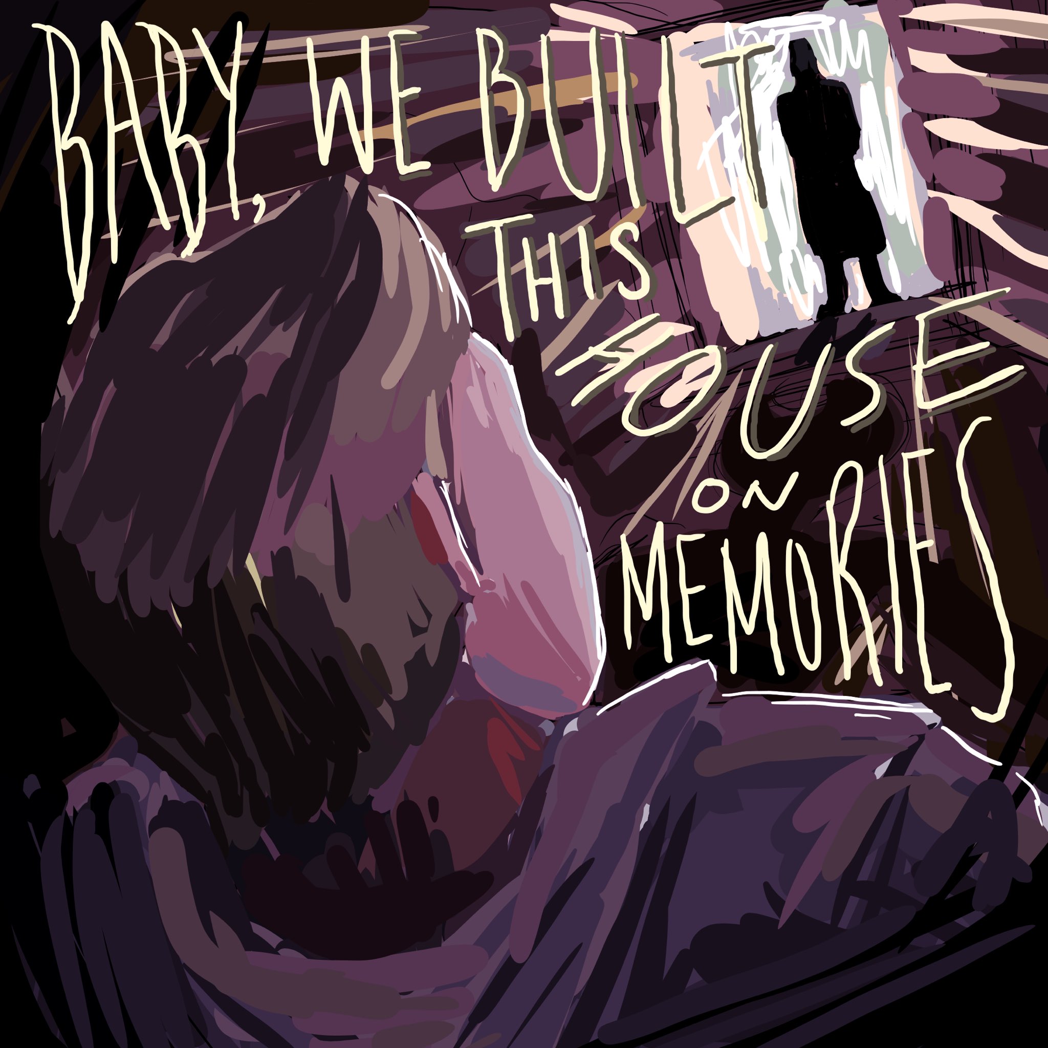 the image depicts a man from behind, gazing at a ghostly figure within a doorway bathed in bright light. the text overlayed on the image reads "baby, we built this house on memories". the overall color palette is dark and muted, adding to the somber and melancholic tone of the scene. the use of light and shadow creates a sense of depth and draws the viewer's eye to the ghostly figure, suggesting a connection between the man and the apparition. the phrase "built this house on memories" implies a shared history and suggests the ghostly figure may be a lost loved one.
