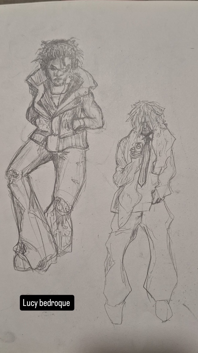the image contains a pencil sketch on paper depicting two figures.  the figure on the left is more stylized, seemingly male, wearing a jacket and loose pants, possibly influenced by anime or manga style. the figure on the right is a less detailed sketch of a figure that appears more androgynous or possibly female,  wearing what looks like a jacket and pants, and holding something near the face that could be interpreted as a phone or other small object. the style is loose and expressive, focusing on capturing the form and gesture rather than precise detail.  the words "lucy bedroque" are written at the bottom left corner, possibly indicating an artist's name or character name.