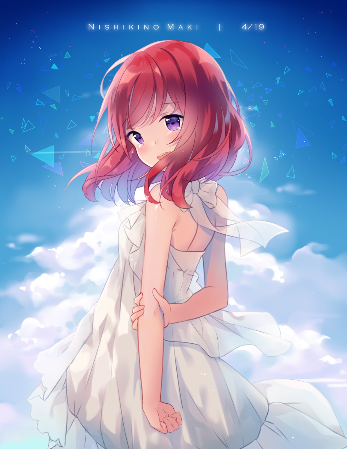 the image is a digital fan art illustration of nishikino maki from the anime series love live!. she's depicted as a young woman with vibrant red hair styled in a bob, wearing a flowing white dress. the background is a serene sky filled with fluffy white clouds.  light blue translucent geometric shapes are scattered across the sky, adding a touch of whimsy. maki's expression is gentle and peaceful, conveying a calm and dreamy atmosphere. the overall style is soft, pastel, and suggestive of a warm, sunny day.