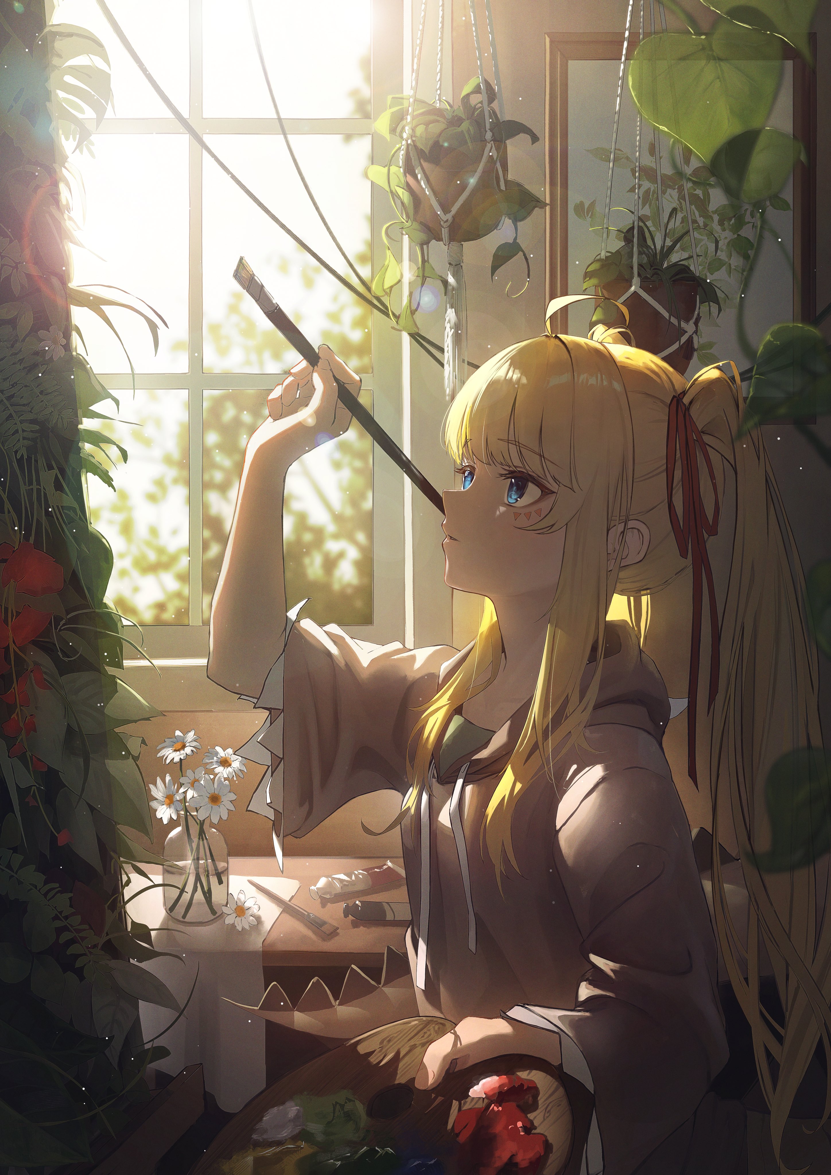 a digital animestyle painting of a blonde haired girl with blue eyes, wearing a brown hoodie, holding a paintbrush and palette, standing in front of a window with hanging plants. there is a vase of daisies on a table with art supplies. the scene is bathed in soft, natural light.