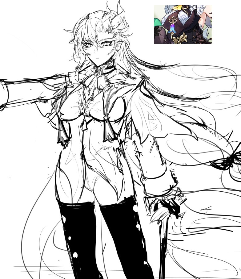 a sketch of a female anime character with long white hair and horns. she is wearing a white dress and boots, and holding a sword in her right hand. the sketch is in black and white, and is in a rough style.