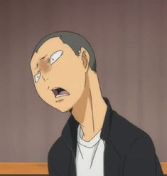 this is a cartoon drawing of a man with a surprised or shocked expression on his face. he has short, shaved hair and is wearing a black jacket with a white shirt underneath. the background is a solid beige color. the lighting is soft, creating a natural look. the overall tone of the image is humorous and lighthearted.