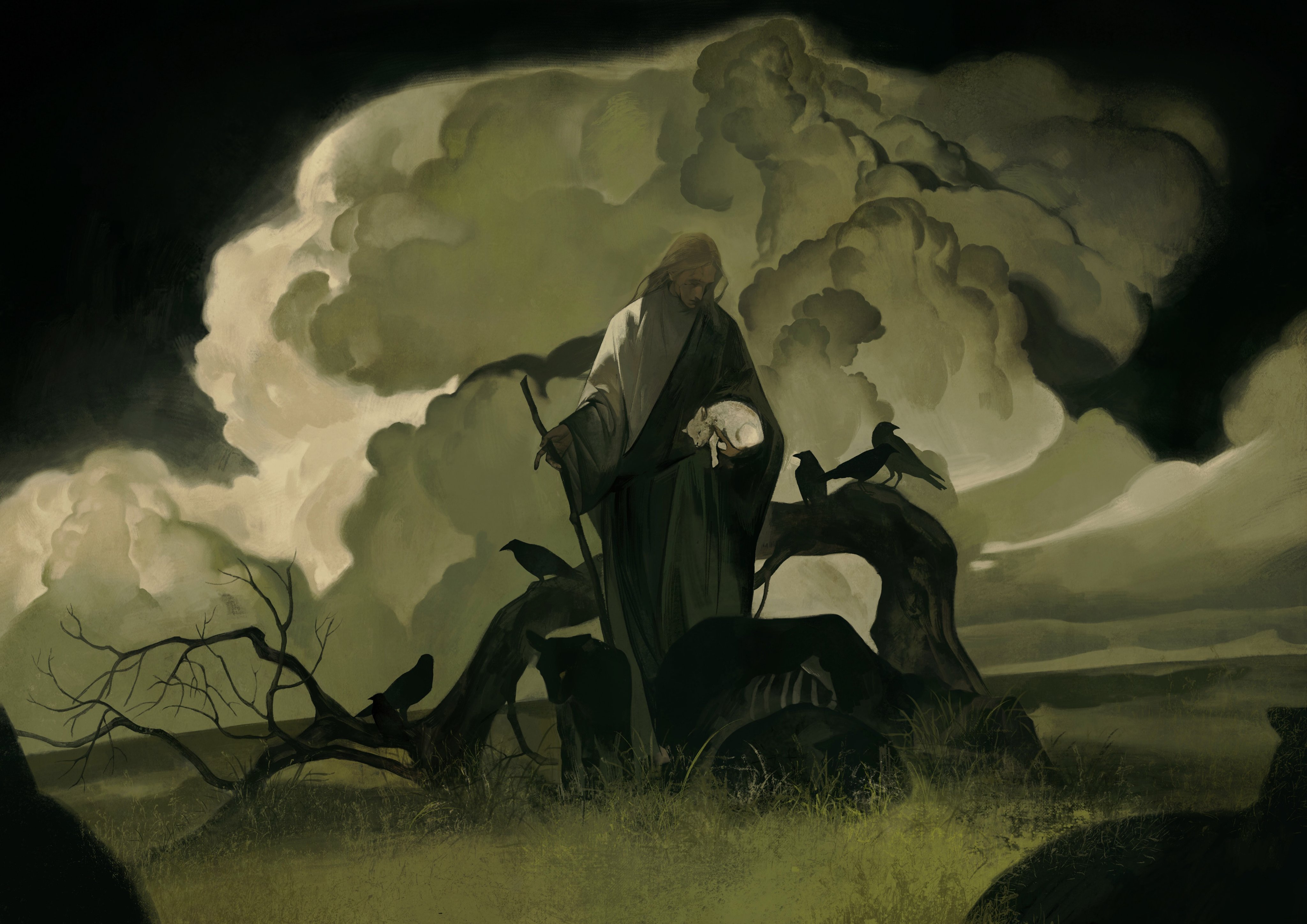 an illustration depicting a man dressed in a long robe with long hair standing in a dark, ominous landscape with clouds above.  he is holding a skull in his hand. there are crows perched in the trees around him. the scene appears to depict death or sacrifice.