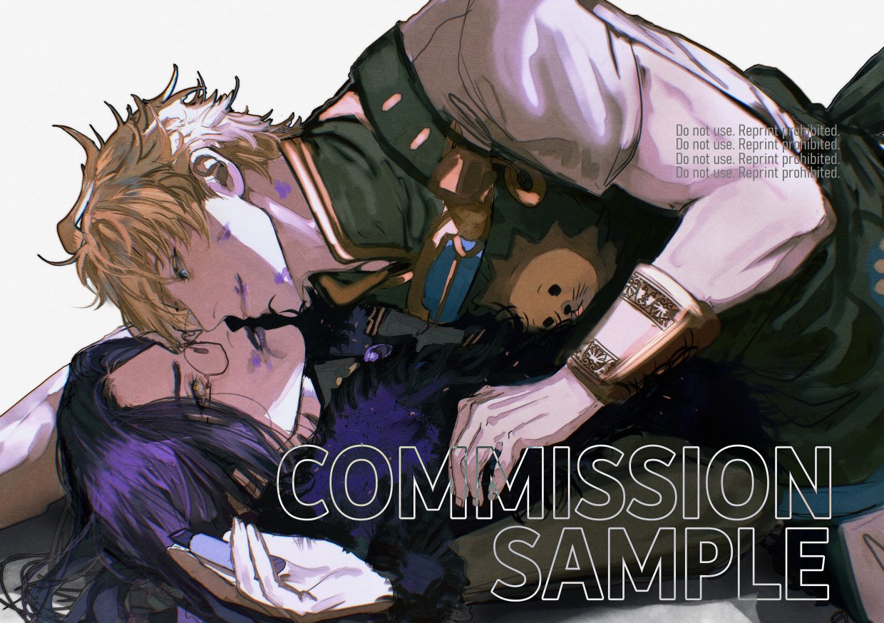 this is a sample of commission artwork featuring an anime couple in a romantic embrace. the male character is on top of the female character, their faces close together as if they are kissing. both characters are