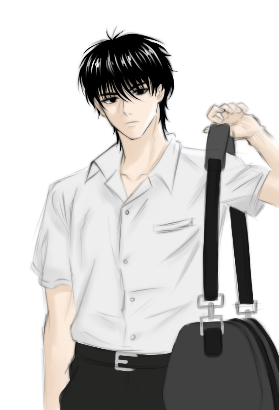 the image is a digital drawing of an animestyle boy. he has short, dark hair and is wearing a white, collared shirt that looks like a school uniform, black pants, and a black shoulder bag. he has a serious or pensive expression. the style is relatively simple, with soft shading and less detailed linework. the background is white.