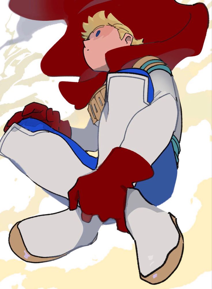 an animestyle illustration of a young boy in a superhero costume. he is wearing a white suit with red and blue accents. he has a red cape that is flowing behind him. the boy is standing in a dynamic pose, and the background is filled with clouds. his expression is determined, and he looks like he is about to take action.