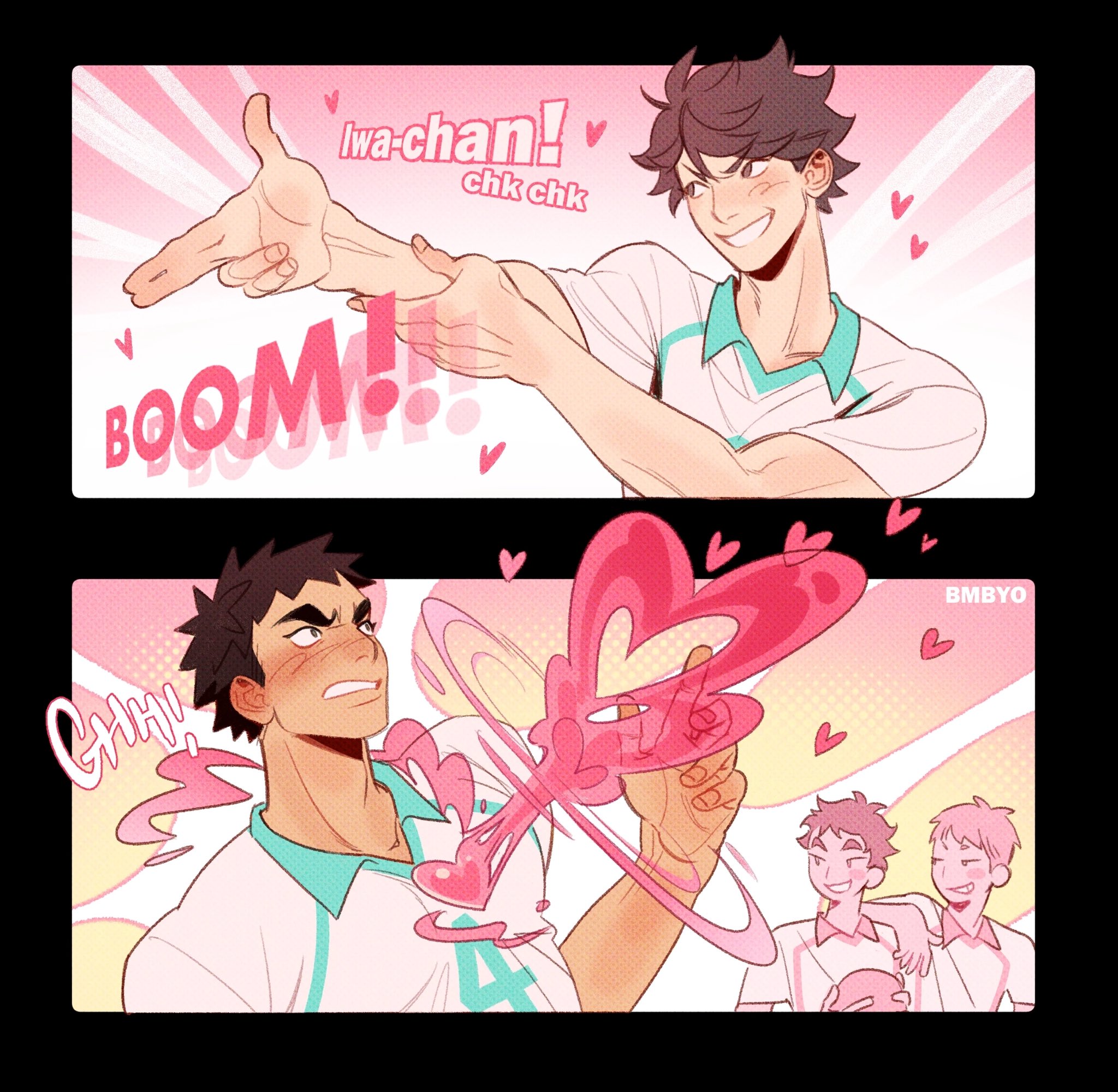 this is a fanart illustration of haikyuu!! characters oikawa tooru and iwaizumi hajime. the art style is cute and romantic. the top panel shows oikawa playfully shooting a heart at iwaizumi with a "boom" effect. the bottom panel shows iwaizumi receiving the heart attack with a blushing face and a "ghhh" effect. other haikyuu!! characters can be seen in the background in the bottom panel. the art is digital, with a pink and pastel color scheme.