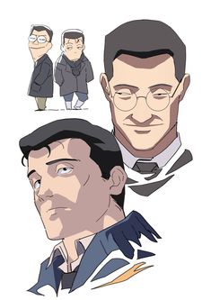 the image shows a character design sheet featuring three male characters in a stylized anime or manga style. the top of the sheet shows two shorter men standing sidebyside. the man on the left is taller, with short black hair and glasses. he wears a black suit jacket and grey pants. the man to the right is shorter with short brown hair and wears a white scarf with a grey coat and black pants. the bottom of the sheet showcases a headshot of another man with short black hair and a more detailed design. he has tired eyes and a serious expression and appears to be wearing a collared shirt under a jacket.