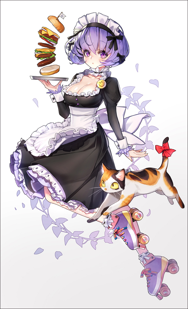 the image depicts a young anime girl dressed in a classic maid outfit, complete with a frilly apron and a headband. her vibrant purple hair contrasts beautifully with her black and white attire. she balances a plate with a towering stack of burgers, seemingly defying gravity. a playful calico cat with a red bow adorns its tail, gracefully glides on roller skates beside her. the background features a delicate pattern of leaves and soft, diffused lighting, creating a dreamy and whimsical atmosphere.