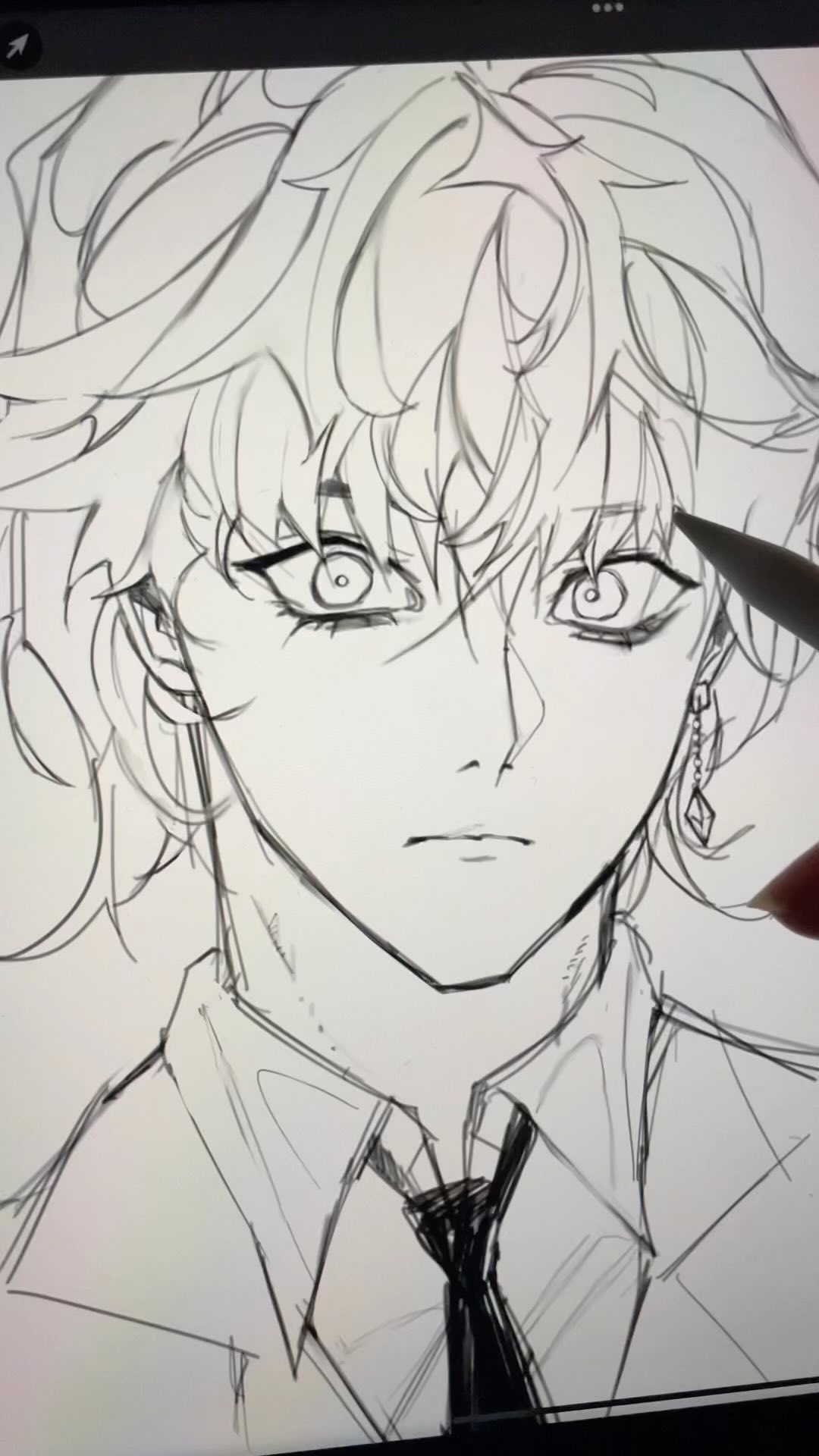 the image shows a closeup of a digital drawing in progress on a tablet.  the artwork depicts an animestyle male character with blond, somewhat messy hair. he's wearing a suit and tie and has a serious expression on his face. the drawing is primarily line art in grayscale, with some shading implied through line weight variations.  a stylus or digital pen is visible near the character's ear. the background is the slightly visible gray of a drawing tablet.  the level of detail in the character's eyes and hair is particularly noticeable.  the image appears to be a work in progress, rather than a finished piece.