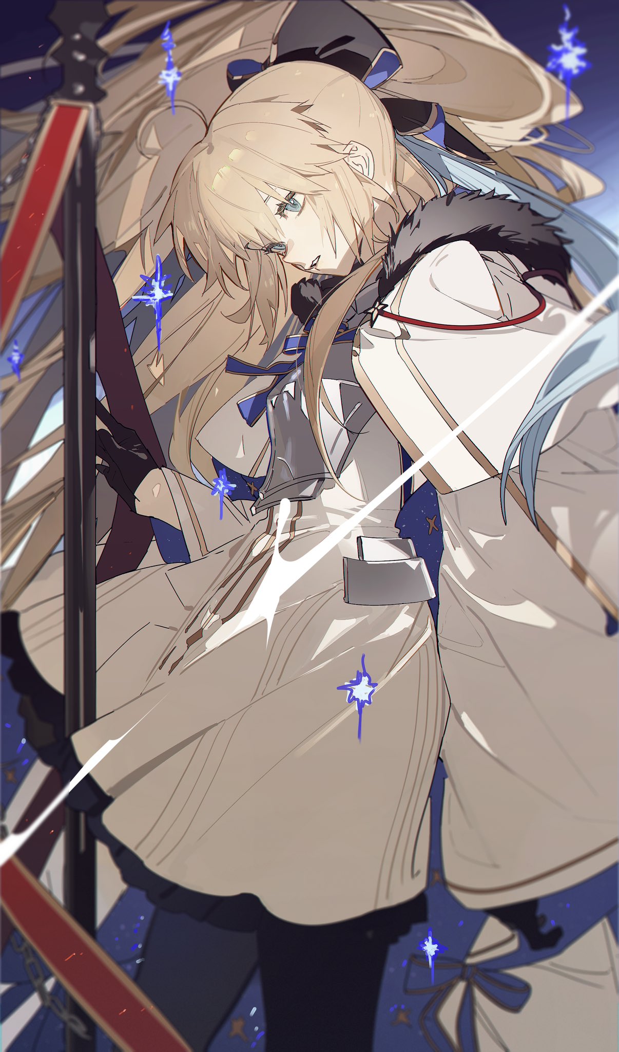 the image is a digital painting or illustration of an animestyle girl. she has long blonde hair, blue eyes, and is wearing a white dress with a long cloak. she is holding a weapon that looks like a staff or spear. the background is dark with stars. the overall style is elegant and graceful, with a hint of mystery.