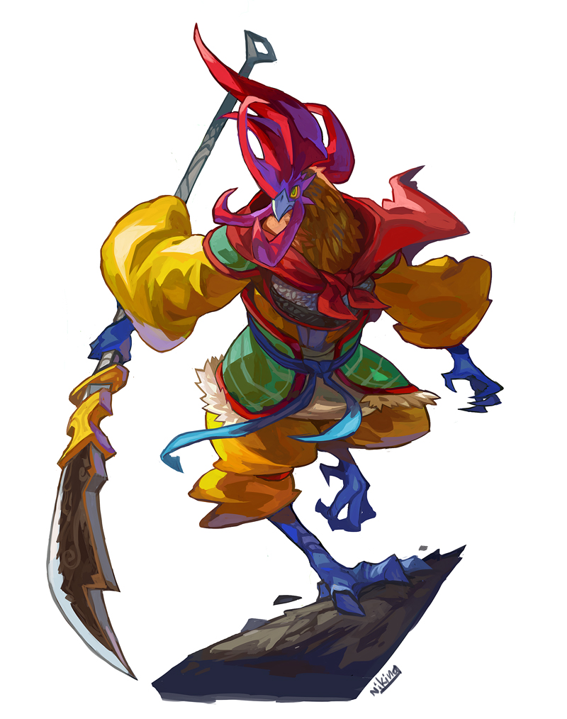 a roosterlike warrior stands with its legs on a rocky outcropping. it is holding a weapon like a sickle in its right hand, and it's right wing is spread out. the warrior is adorned with a yellow robe and a blue sash with a red and white scarf around its neck. the warrior's chest is covered in a green and brown robe. the background is white. the warrior's head is red and purple with a yellow beak. its legs are blue and its feet are dark blue. the warrior's face is yellow.