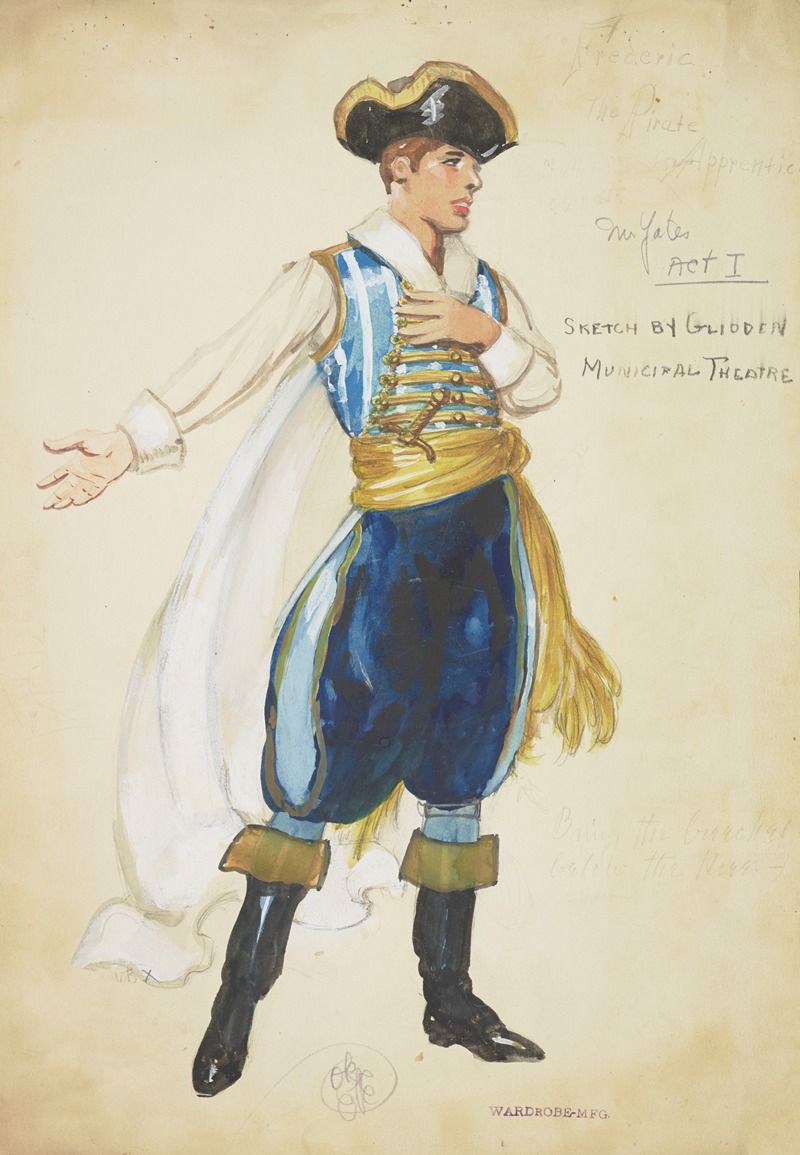 a watercolor sketch depicts a man in a theatrical pirate costume. he wears a black tricorn hat, a white shirt with rolledup sleeves, a blue and white striped vest with gold buttons, a gold sash, blue breeches with light blue stripes, black boots, and a flowing white cape. he has one hand on his chest and the other outstretched. the sketch is labeled with "frederic, the pirate apprentice, mr. yates, act i, sketch by glidden, municipal theatre." the bottom of the image has the text "wardrobe mfg." handwritten notes are also visible on the sketch.