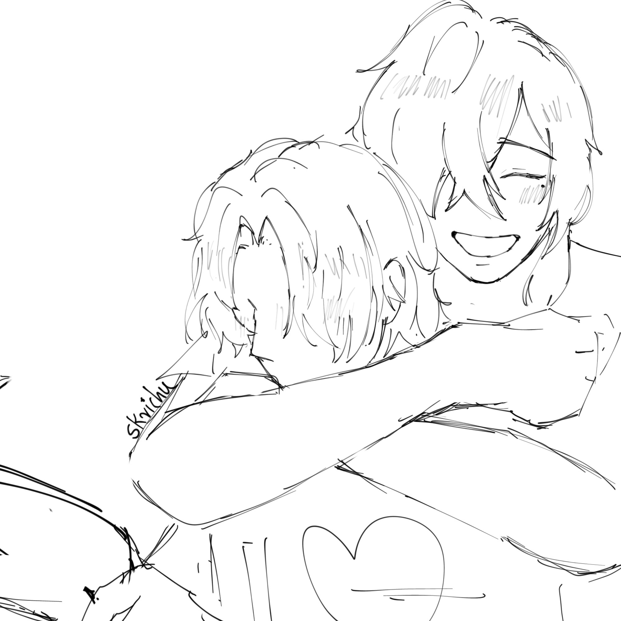 this is a black and white line drawing of two anime characters hugging. the character on the left is a girl with long hair and she is burying her face into the shoulder of the character on the right. the character on the right is a boy with short hair and he is smiling broadly while wrapping his arms around the girl. the girl is wearing a shirt with a heart on it.