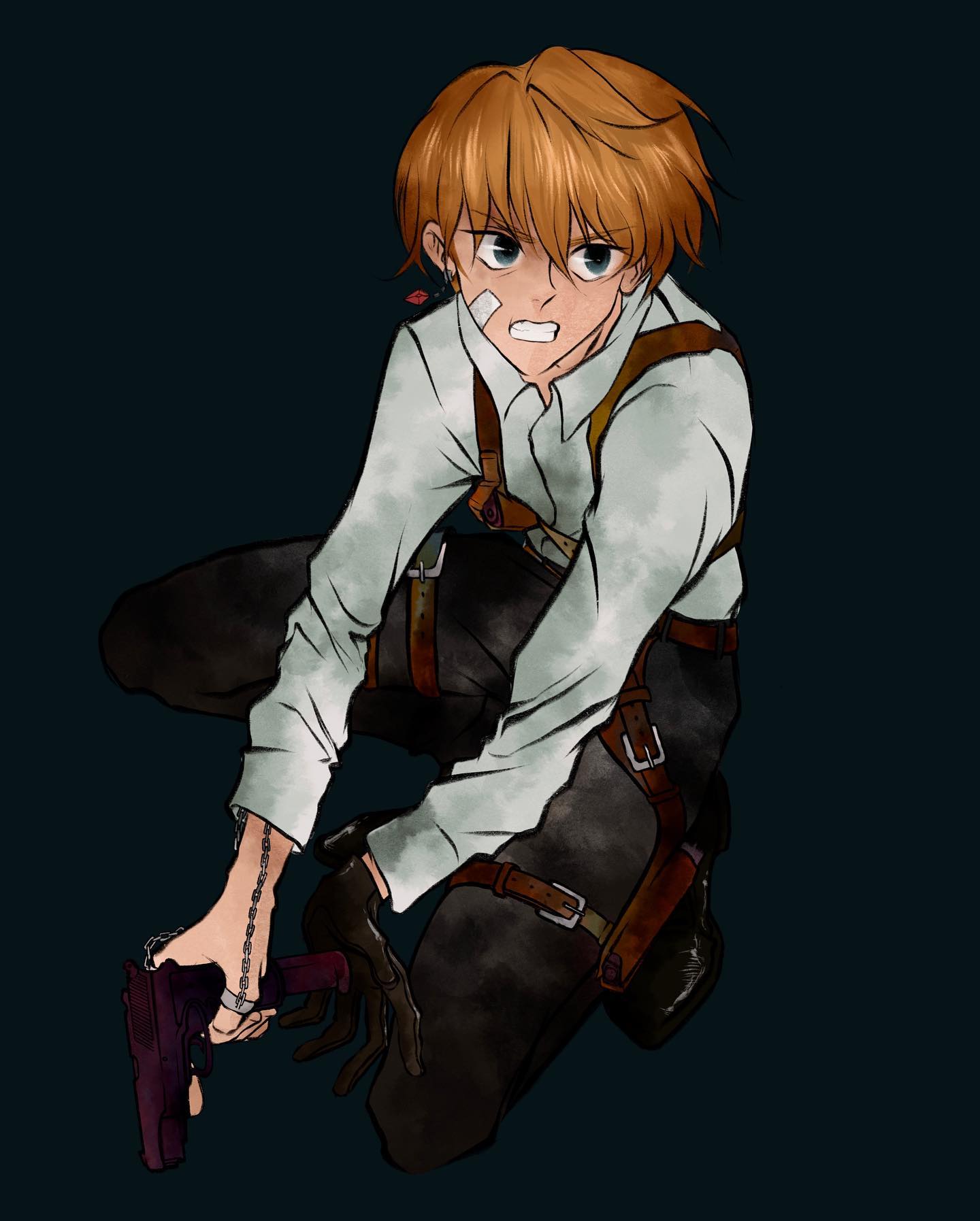 the image is a digital painting or illustration of an animestyle male character. he appears to be a young man with shoulderlength, light brown or orange hair, and is crouching down. he's wearing a white longsleeved shirt, dark pants, and a leather holster and bandolier system. he has a small bandage on his cheek and a chain tattoo on his arm. the character holds a handgun and has a serious or determined expression on his face. the background is dark and unfocused, drawing attention to the character. the style leans towards a slightly gritty or realistic anime aesthetic.