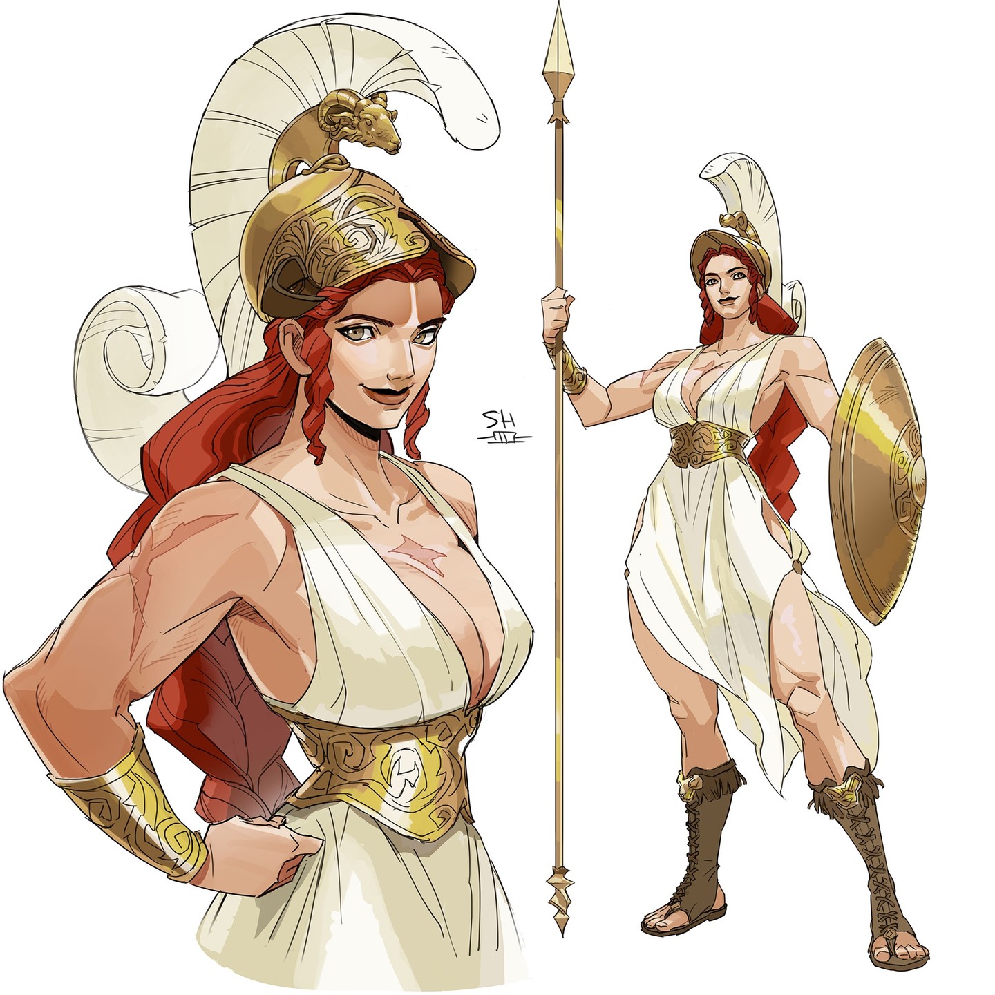 the image is a digital painting or illustration depicting a powerful female warrior, styled in the manner of a greek goddess or amazon.  she is shown in two poses: a closeup bust shot emphasizing her muscular physique and facial features, and a fullbody pose showcasing her complete armor and weaponry.  she wears a golden helmet adorned with ram horns, a golden breastplate, a flowing white chiton, golden arm guards and tall, laced boots. she carries a spear and holds a large, round shield. her red hair is long and flows down past her shoulders. the style is vibrant and detailed, suggesting a character design for a game, comic book, or fantasy setting.  the artist's signature is subtly visible in the image.