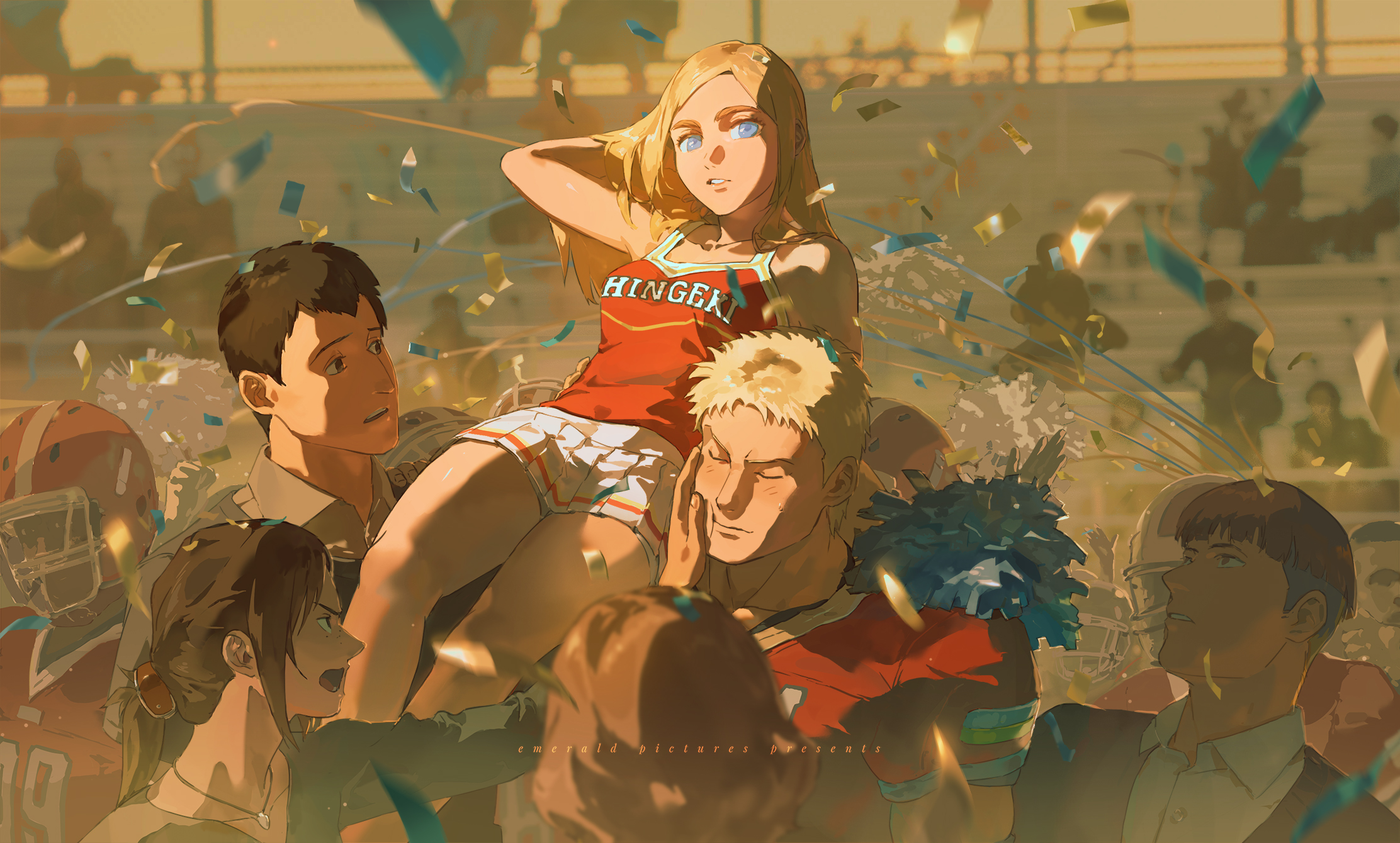 the image shows a group of young adults, seemingly a sports team, celebrating a victory in what appears to be a football stadium. the setting sun bathes the scene in a warm, golden light. confetti fills the air, and the overall atmosphere is one of joy and exhilaration. the style of the art suggests it's fanart, potentially inspired by the anime "attack on titan."  the blonde woman, dressed in a cheerleader outfit, is being hoisted onto the shoulders of two men, signifying a triumphant moment.  the low angle perspective adds to the grandeur of the celebration.