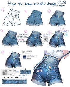this image is a stepbystep tutorial on how to draw overalls shorts. it shows the process of drawing the shorts from a simple outline to a more detailed and finished look. the tutorial includes tips on how to shade the denim, add texture, and create a realistic look. the image is visually appealing and easy to follow, making it a great resource for anyone wanting to learn how to draw clothes.