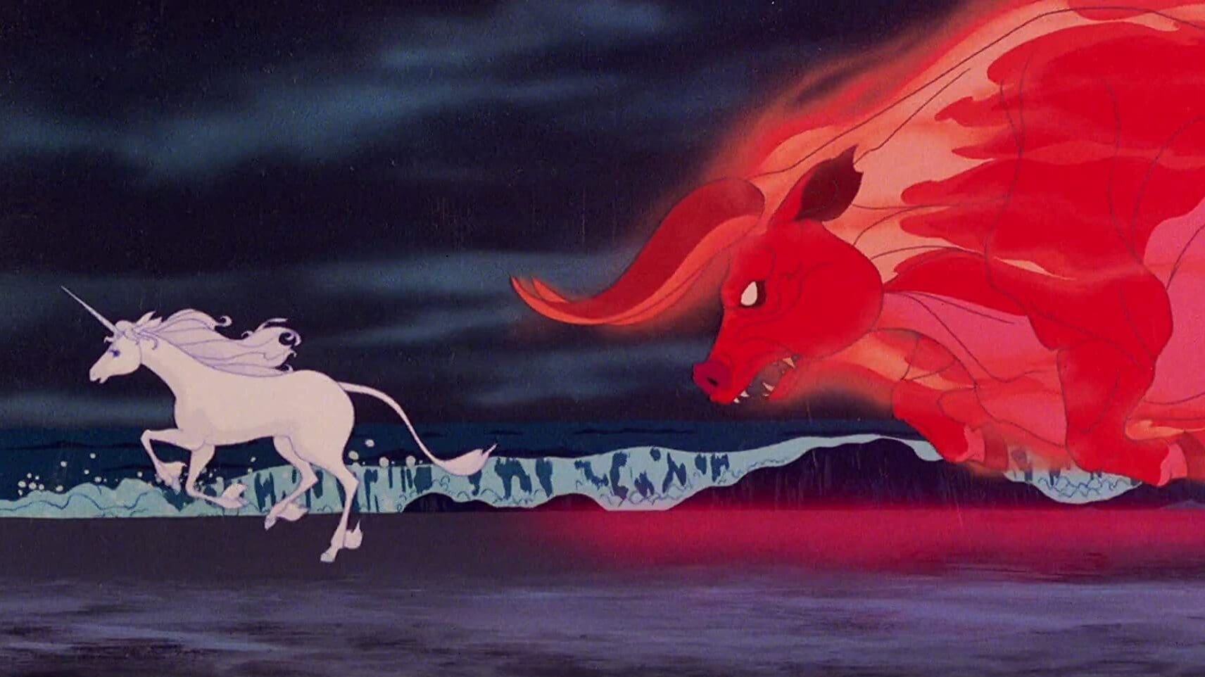 a white unicorn runs across the beach with a red fiery beast chasing after it. the night sky is dark with stormy clouds and the water crashes against the shore. the unicorn is magical and mythical while the beast is fearsome and dangerous. the image is taken from a fantasy animation.