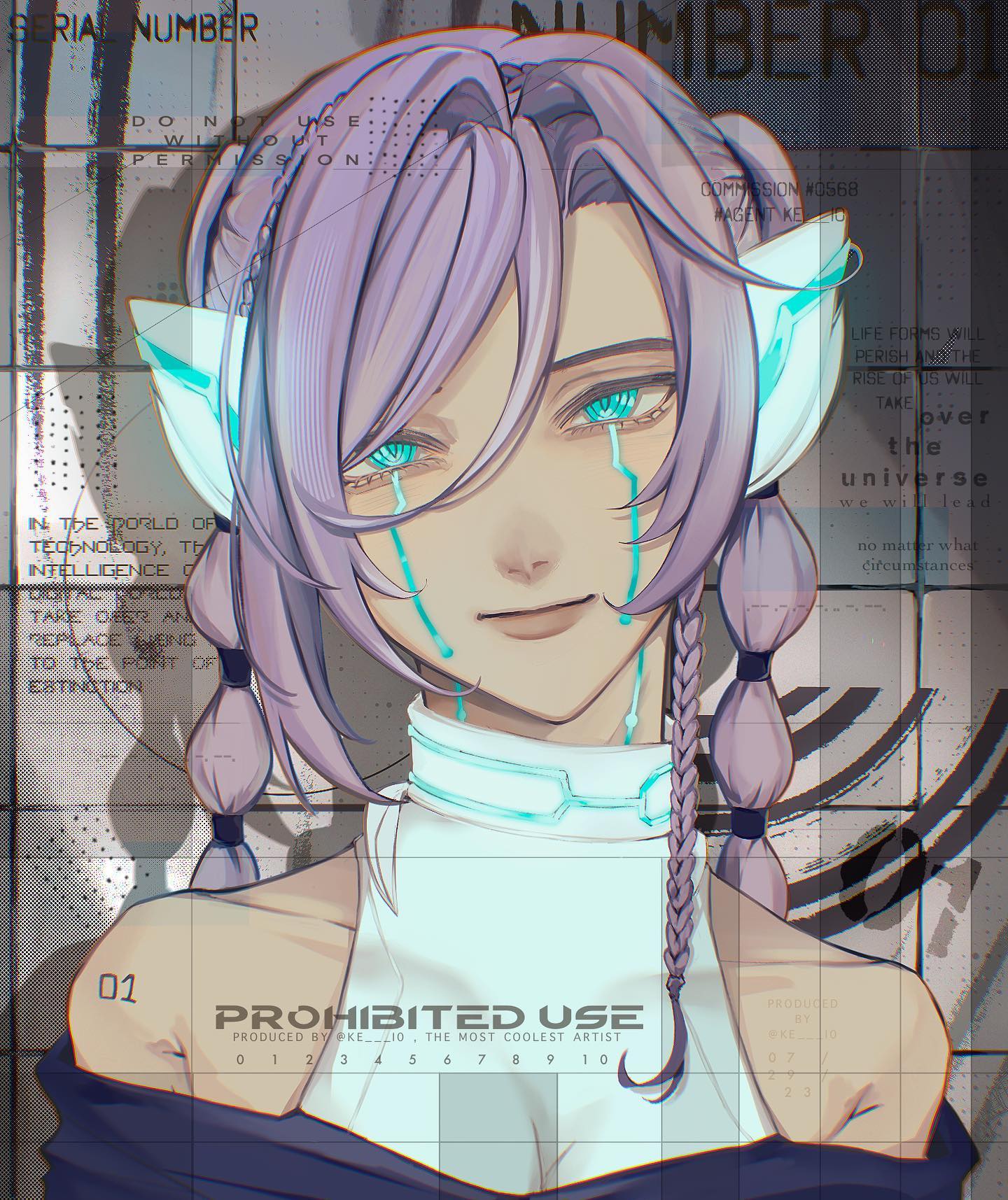 the image is an animestyle portrait of a woman with flowing purple hair styled in braids, set against a backdrop reminiscent of a futuristic wanted poster. she has tears in her eyes, which glow with a cyan light. the poster features text that hints at a dystopian narrative involving artificial intelligence and the potential demise of life forms.