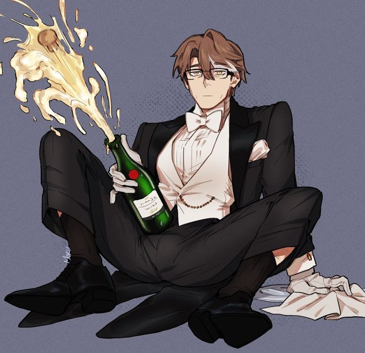 he image is a digital fanart depicting a stylish animestyle man in a tuxedo. he is sitting on the floor with his legs spread wide, holding a champagne bottle that is exploding with bubbles. he is wearing glasses, a white waistcoat, and black trousers and shoes.  the scene is elegant and suggests a celebration. the style is semirealistic with a focus on detailed clothing and hair.  the background is a muted purple.