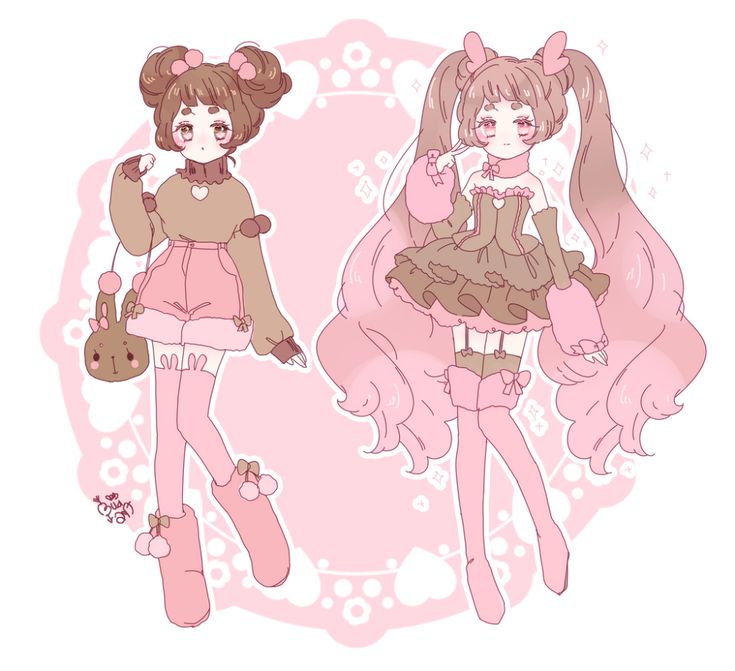 this image features two adorable anime girls dressed in cute pink and brown outfits. the girl on the left is wearing a brown sweater, pink shorts, and fluffy pink socks with bunny ear accents. she carries a small, brown bunny purse. the girl on the right is wearing a frilly brown dress with pink accents, pink tights, and fluffy pink boots. she has long, pink hair with brown streaks. the girls are both smiling and seem to be enjoying themselves. the background is a light pink with white hearts and circles. the art style is cute and whimsical, with soft colors and rounded shapes.  the overall aesthetic is very feminine and charming.