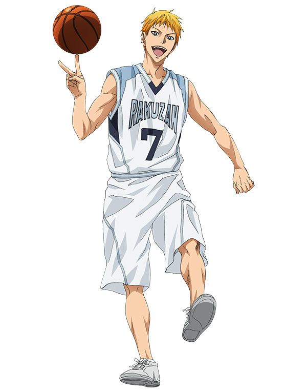 the image features an anime character in a basketball jersey. the character is a male with blonde hair and a white jersey that says "rakuza 7" on it. he is holding a basketball in his right hand and has a big smile on his face. he is midstep as he runs toward the camera, his eyes are on the ball and his body is in a relaxed but ready position. the character is depicted as a skilled basketball player.