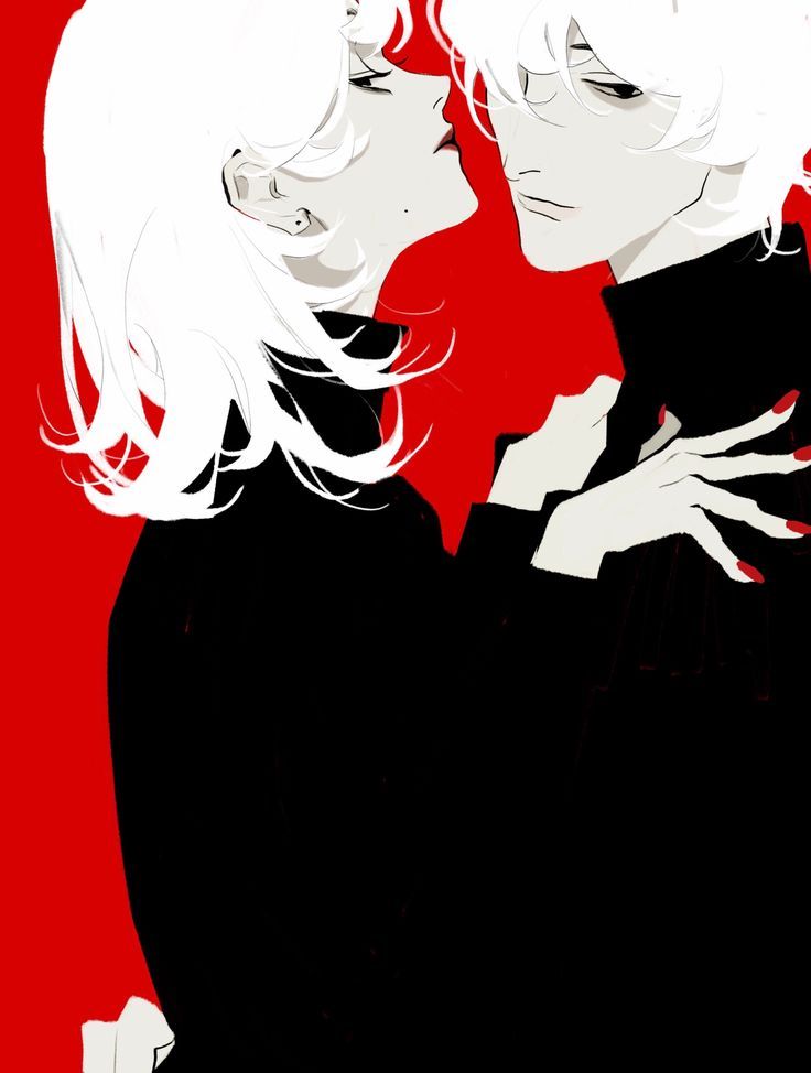 the image is a closeup illustration of a couple in a romantic pose. the woman on the left has short, wavy white hair and red lipstick. she's wearing a black turtleneck. the man on the right also has white hair and is wearing a black turtleneck. he has red nail polish. they are very close, almost kissing. the background is a solid red. the artwork is in a manga style and portrays intimacy and passion.