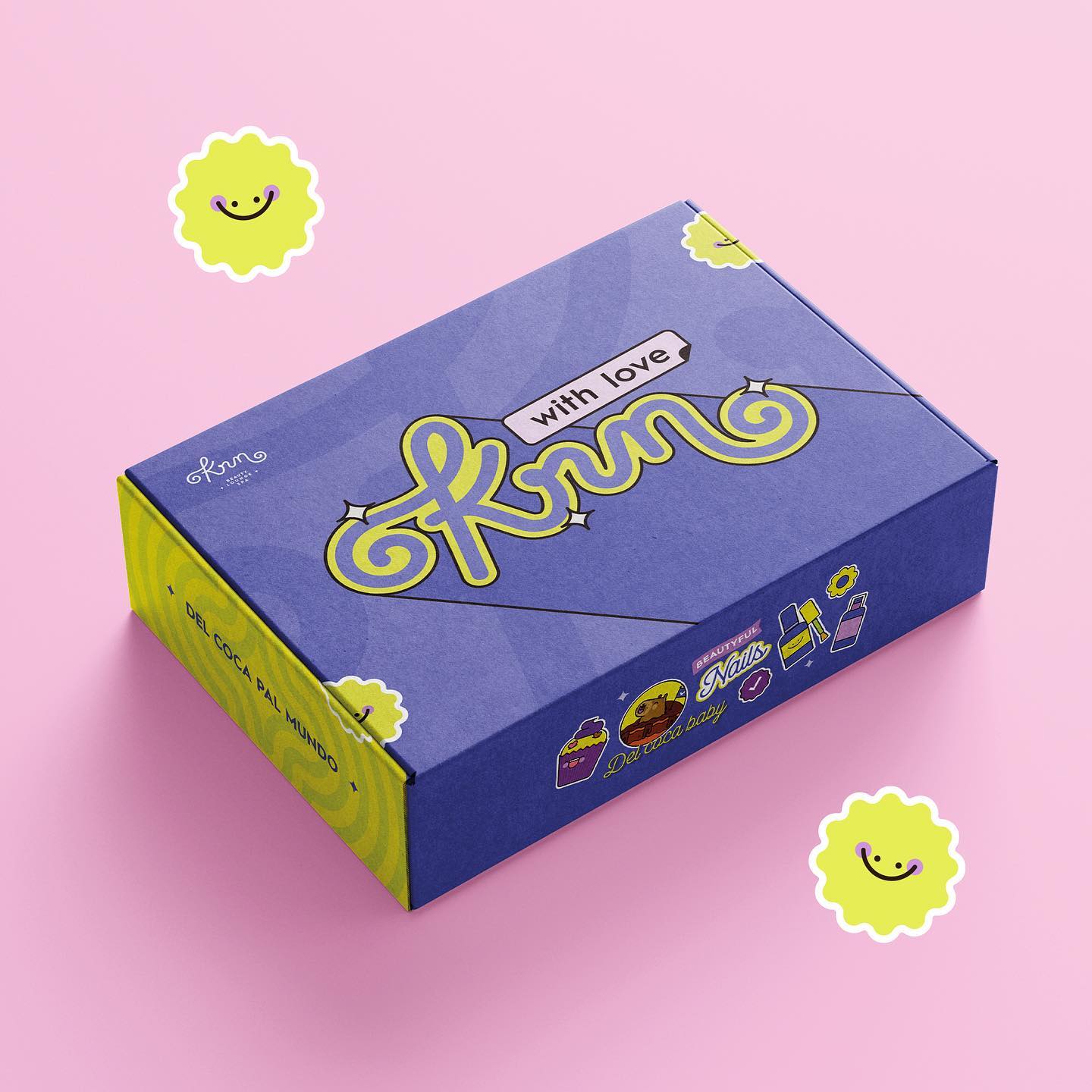a purple and yellow product box for a company named "krn" that makes nail polish. the box says "with love" and "beautiful nails" on it.  it is set on a pink background. there are two yellow cartoon suns with smiles on either side.