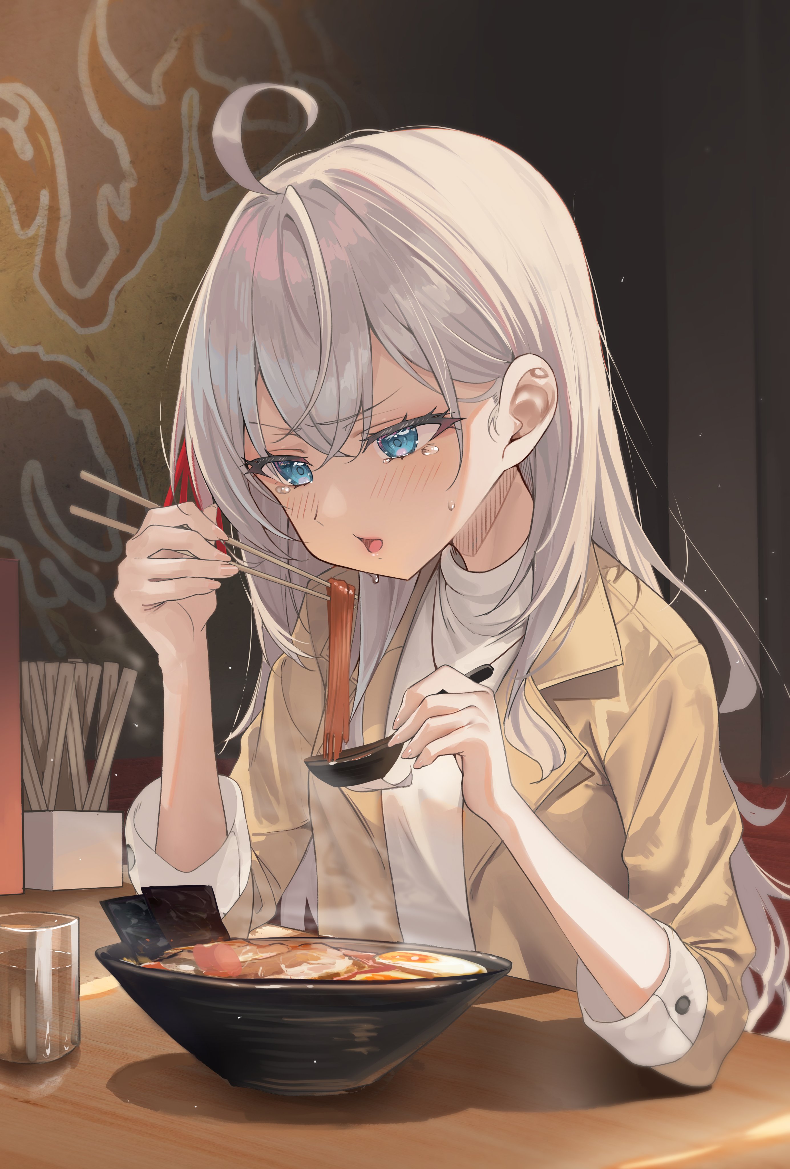 the image shows an animestyle girl with long, wavy white hair and blue eyes enjoying a bowl of steaming ramen. she's wearing a light beige coat and white shirt. she's using chopsticks to eat the ramen, her expression is one of contentment. the scene is set in a dimly lit restaurant with a wooden table. a glass of water sits beside her bowl, and the background has stylized japaneseinspired artwork. the overall style is soft and detailed, with a focus on creating a warm and inviting atmosphere.